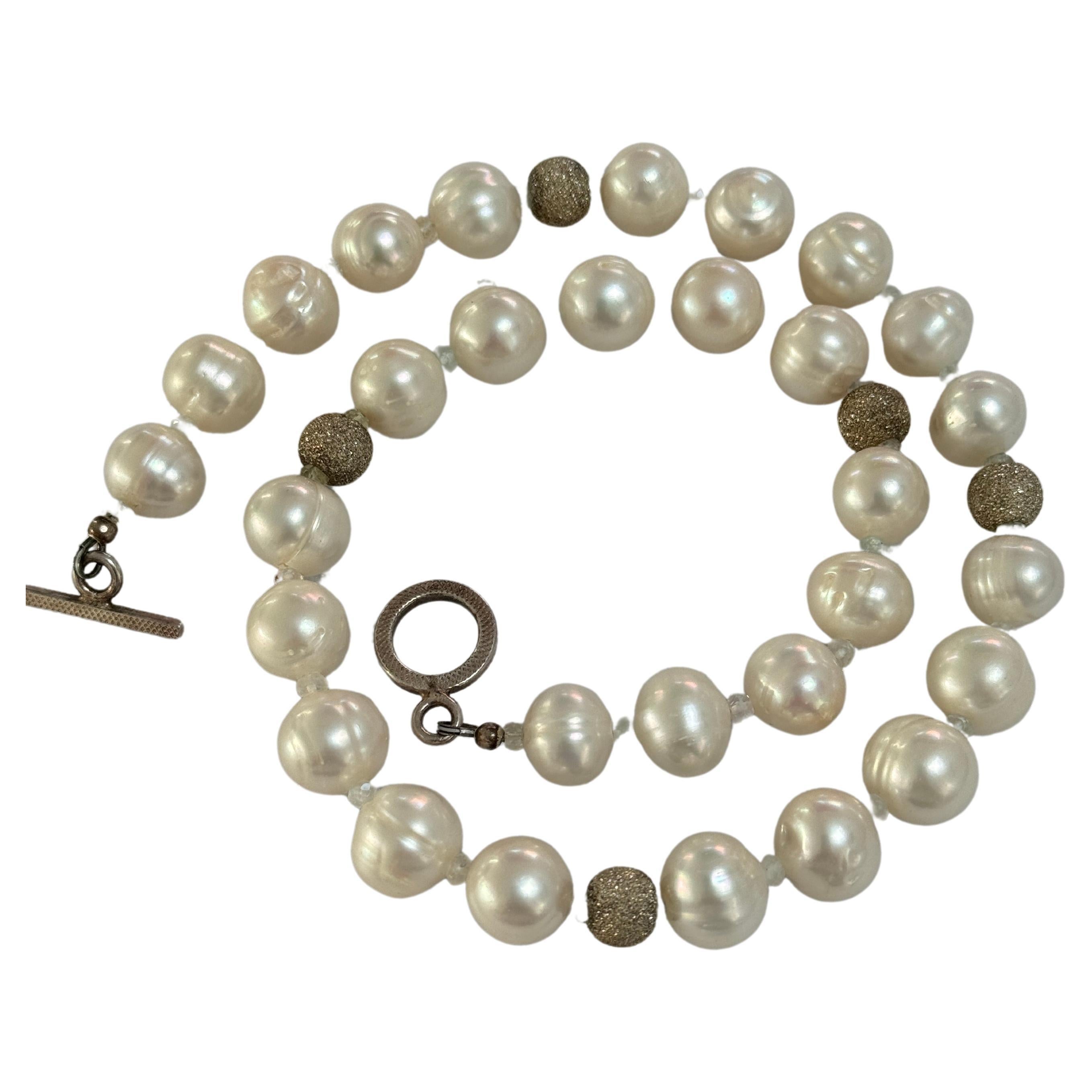 Mixed Cut Freshwater White Semi Round Pearl Sterling Silver Necklace For Sale