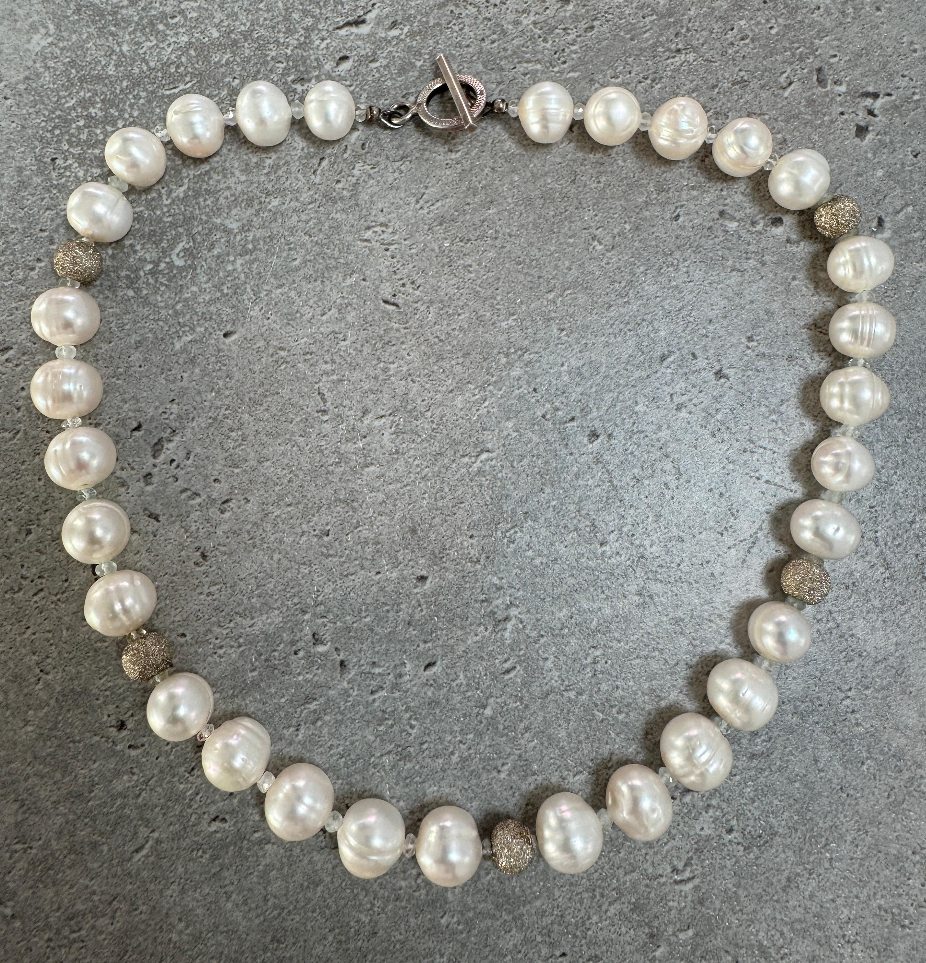 Freshwater White Semi Round Pearl Sterling Silver Necklace In New Condition For Sale In Lake Worth, FL