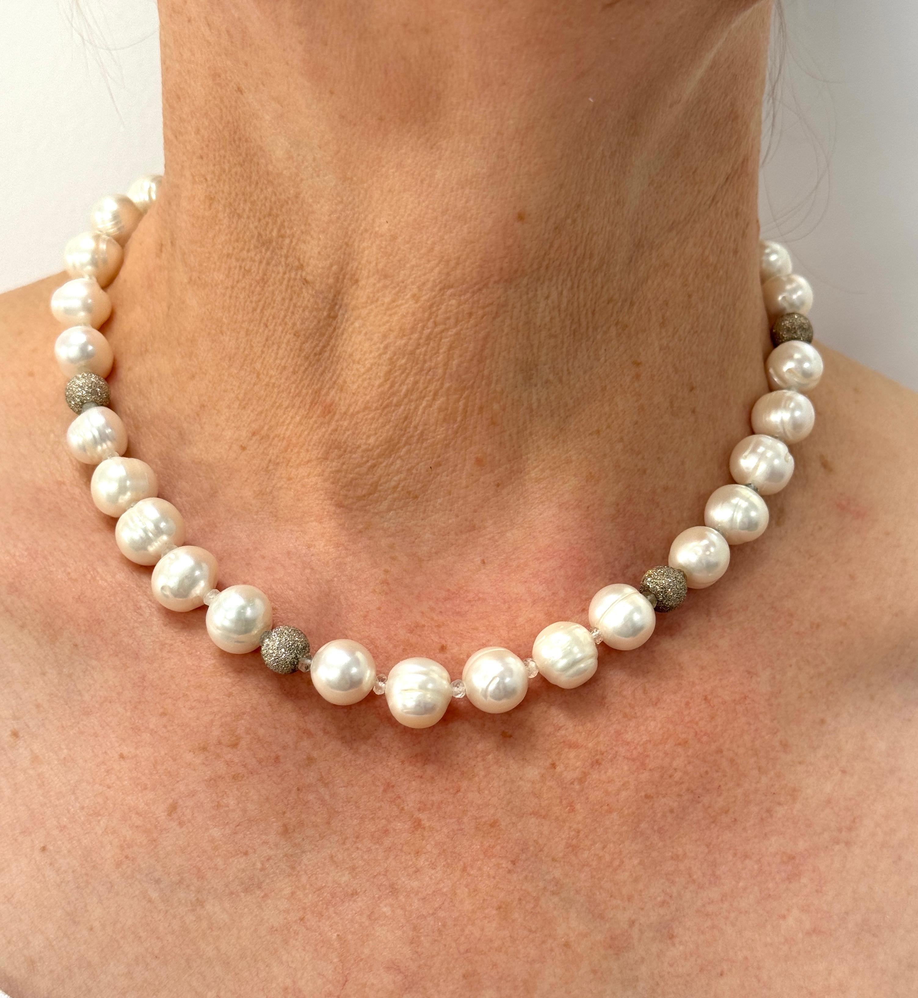 Women's Freshwater White Semi Round Pearl Sterling Silver Necklace For Sale