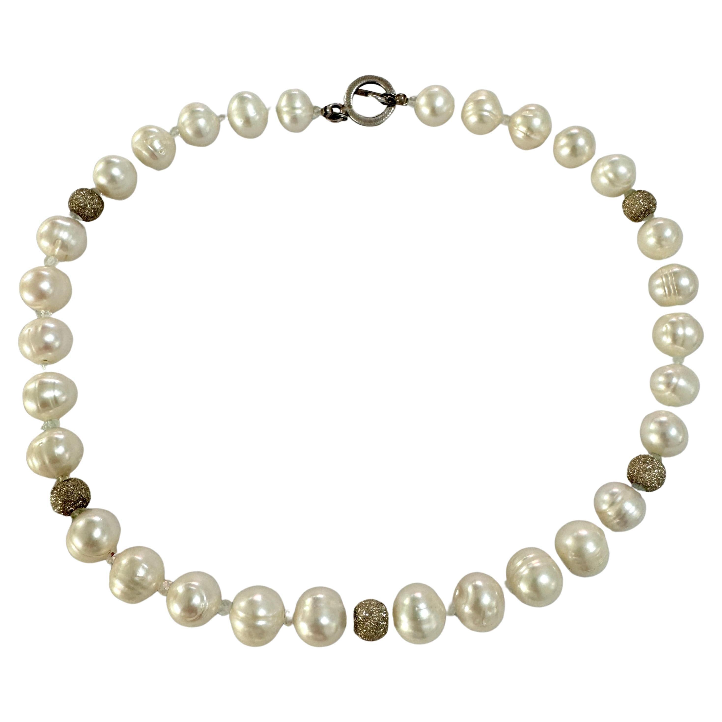 Freshwater White Semi Round Pearl Sterling Silver Necklace For Sale
