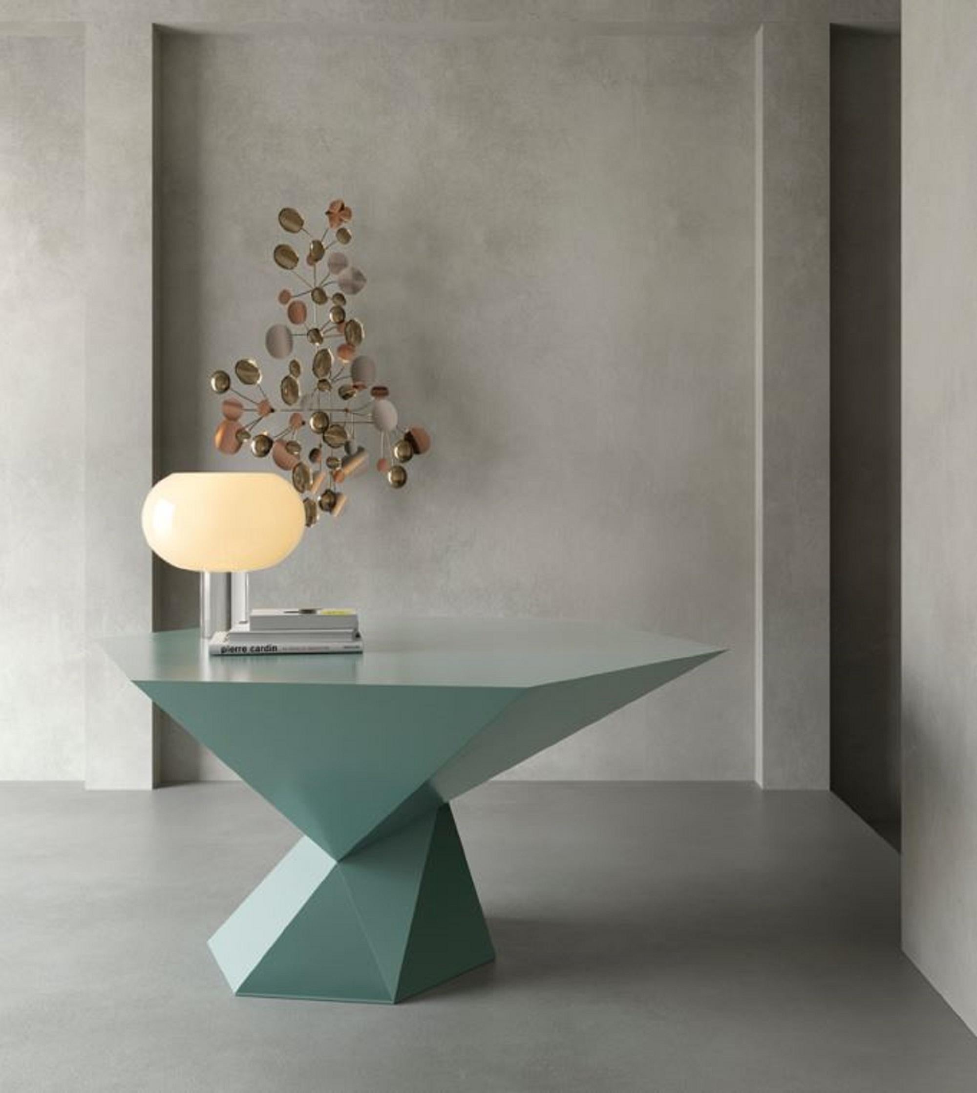 The Fresko Table, designed by Evgenij V. Poliantsev for Emmemobili, is a striking fusion of function and sculpture. Its geometric top and base—available in hexagonal or octagonal shapes—are crafted from faceted, shaped plywood, finished in fine wood