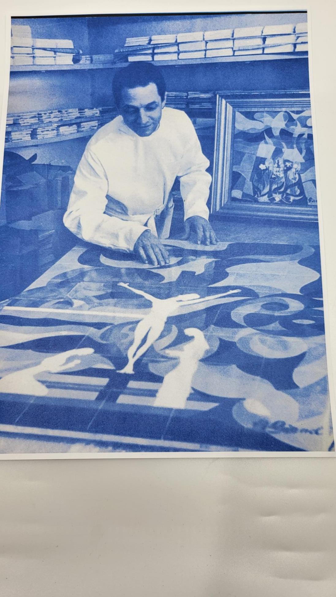 Fresque, Tableau de Arthur Girod en céramique bleue Française 1950 Vintage For Sale 7