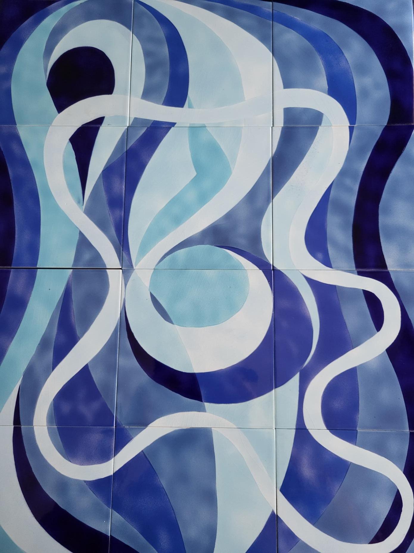 Fresque, Tableau de Arthur Girod en céramique bleue Française 1950 Vintage For Sale 1