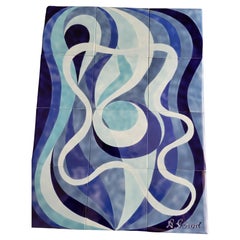 Freske, Tableau de Arthur Girod en céramique bleue Française 1950 Vintage