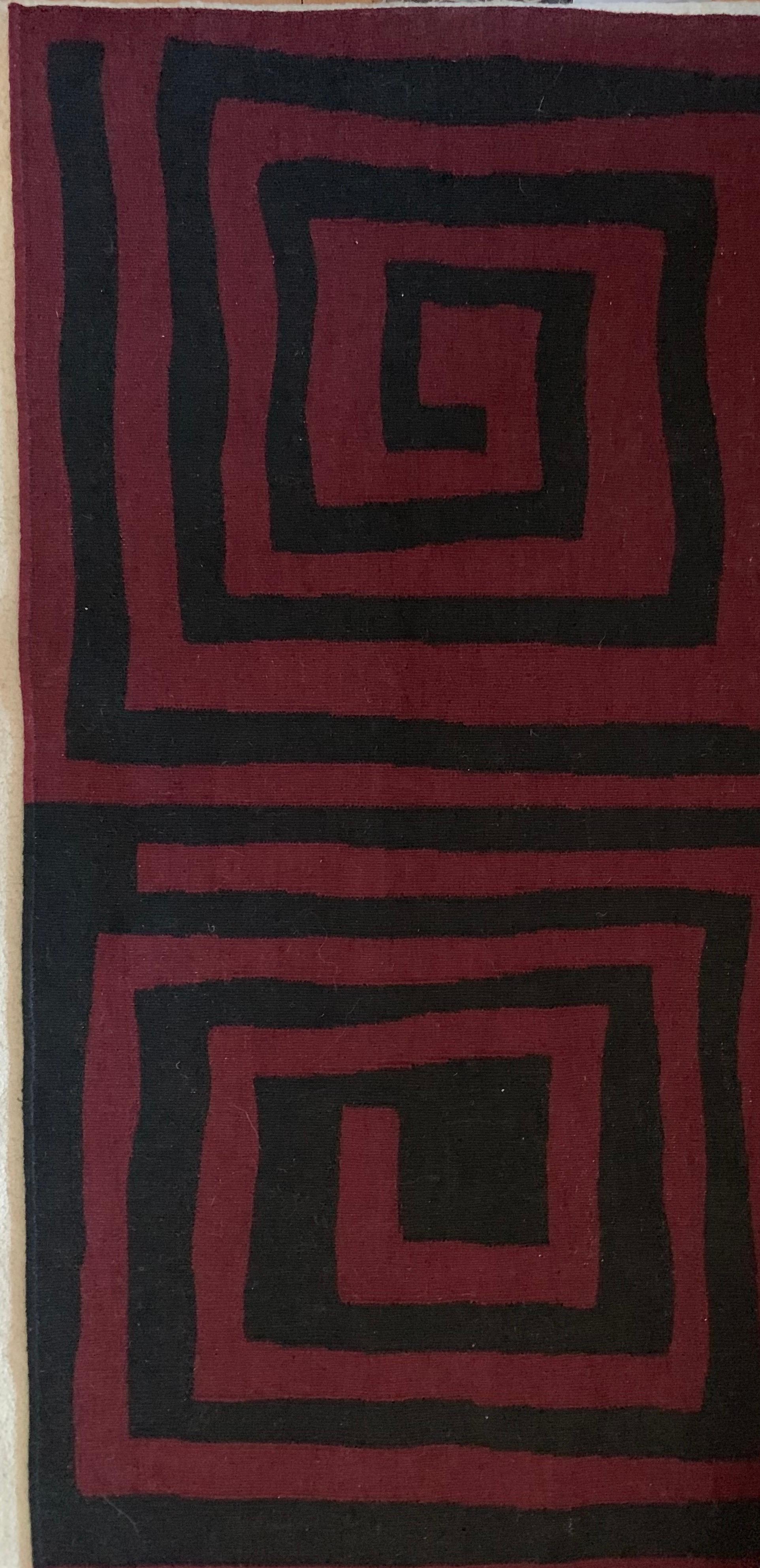 Modern Red and Black 'Fret' Handwoven Wool Rug with Spiral Design For Sale