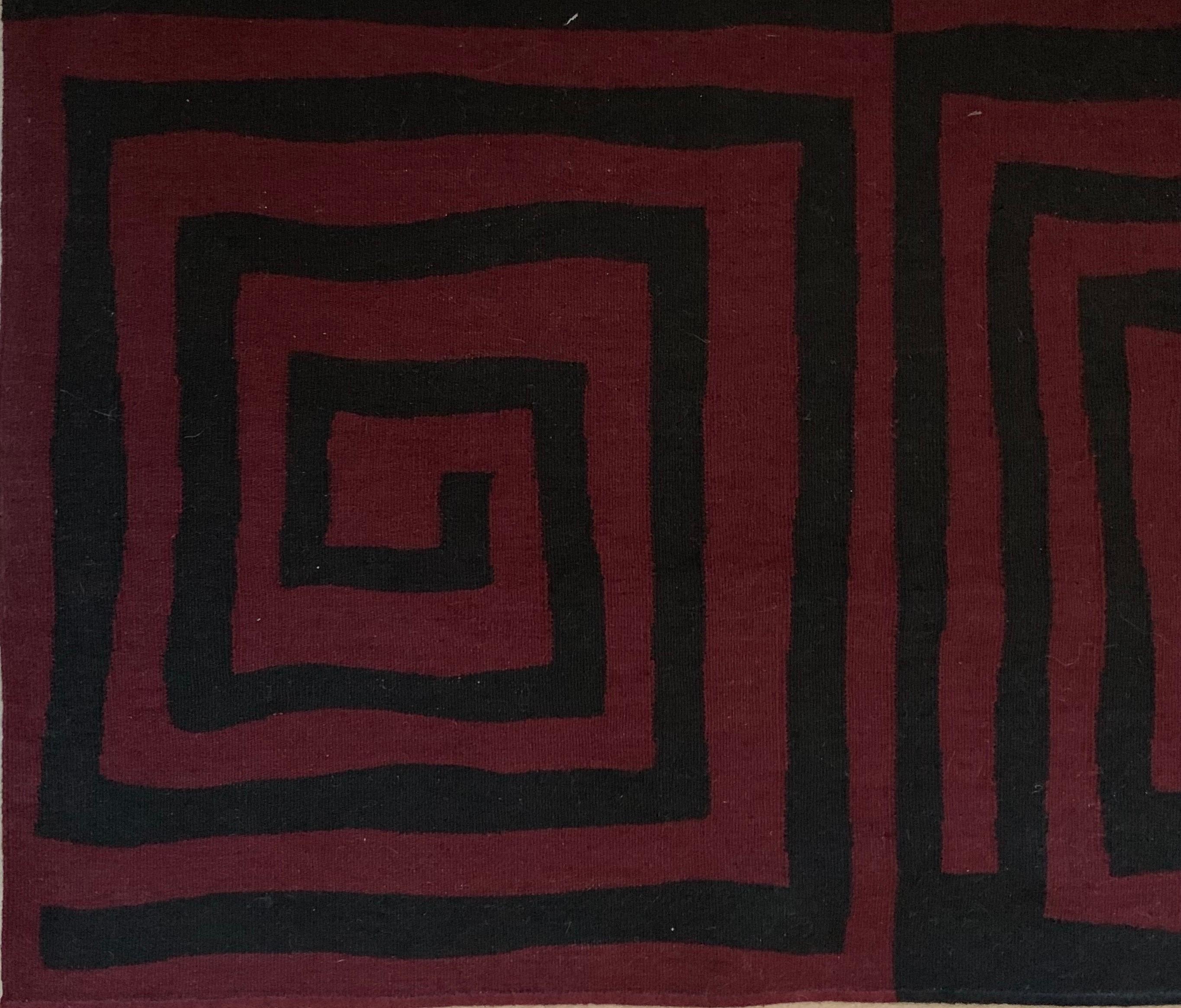 Romanian Red and Black 'Fret' Handwoven Wool Rug with Spiral Design For Sale