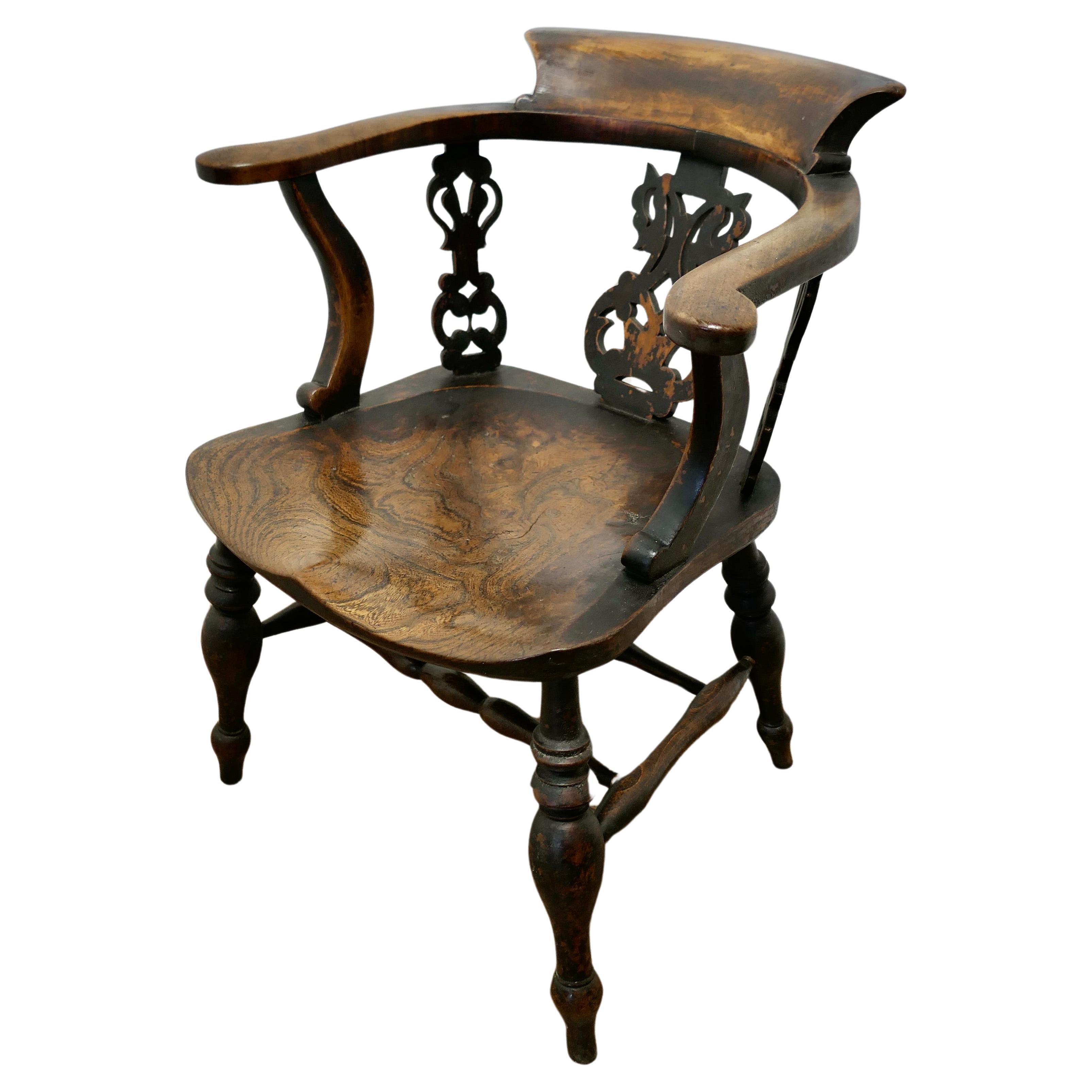Fretwork Back Elm Windsor Desk Chair   This style is known by many names   For Sale
