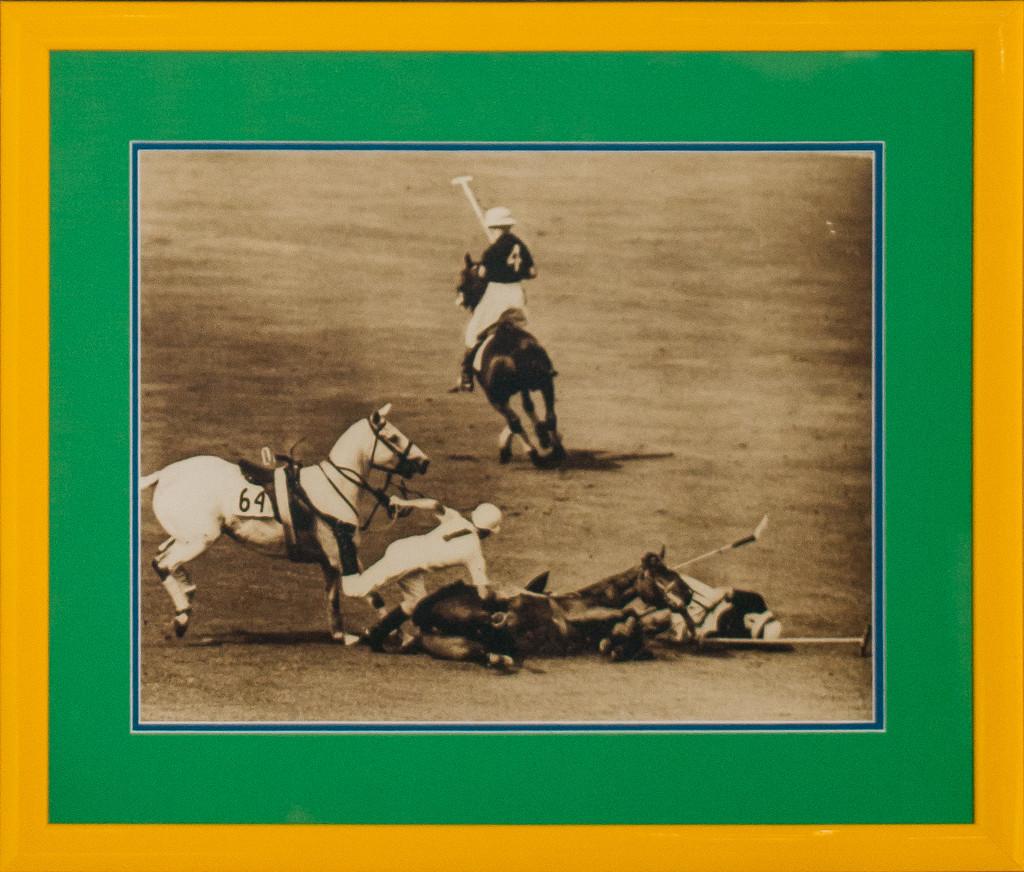 Classic polo photograph depicting a pair of players involved in a heady collision

Photo Sz: x 10 3/4"H x 13 1/2"W

Frame Sz: 16"H x 18 3/4"W