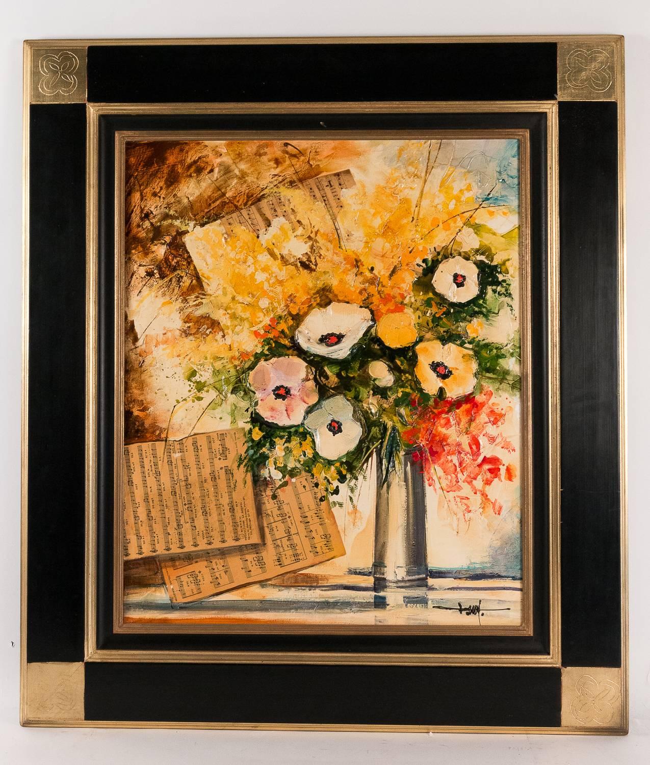 A fascinating painting, acquisition directly made with the artist Jean-Pierre Frey and his agent in the 1990s.
Our painting is depicting a flower arrangement with a bouquet of Mona-Lisa anemones in a vase and musical scores in mixed technique