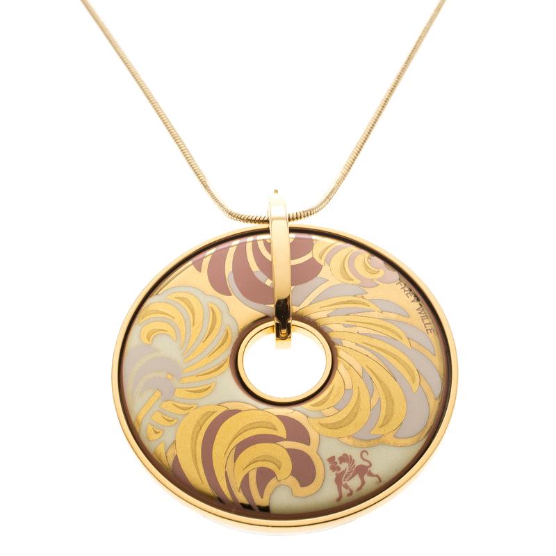 Frey Wille Magic Sphinx Fire Enamel Gold Plated Round Pendant Necklace