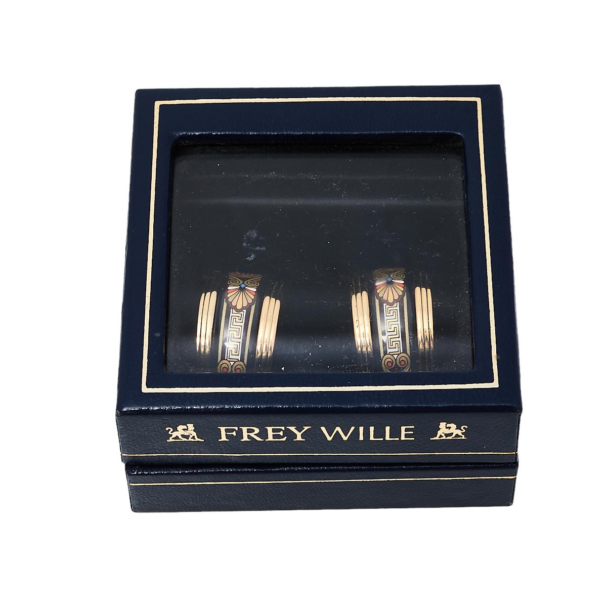 Contemporary Frey Wille Multicolor Fire Enamel Gold Plated Hoop Earrings