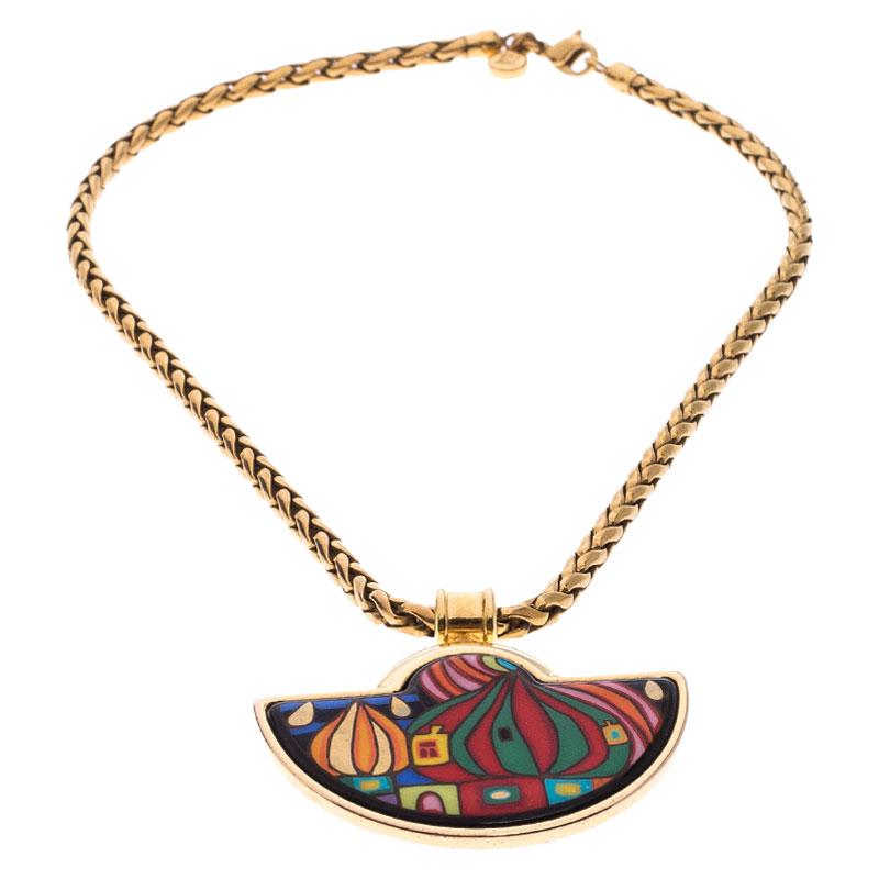 Contemporary Frey Wille Street Rivers Fire Enamel Gold Plated Half Moon Pendant Necklace