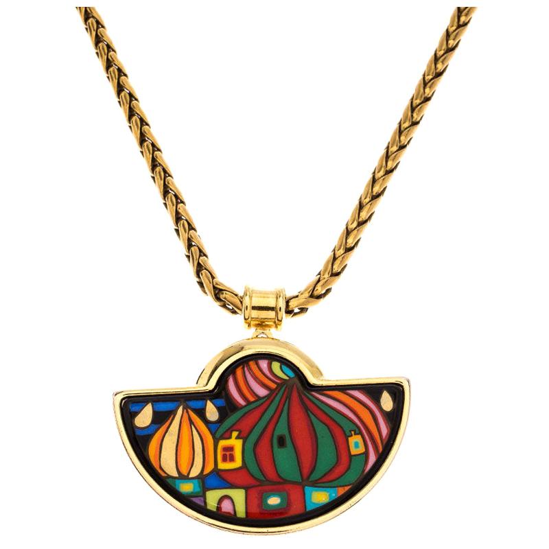Frey Wille Street Rivers Fire Enamel Gold Plated Half Moon Pendant Necklace