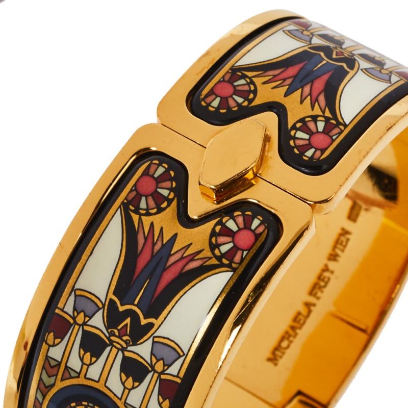 Women's Frey Wille Vintage Fire Enamel Motif Gold Plated Hinged Bangle