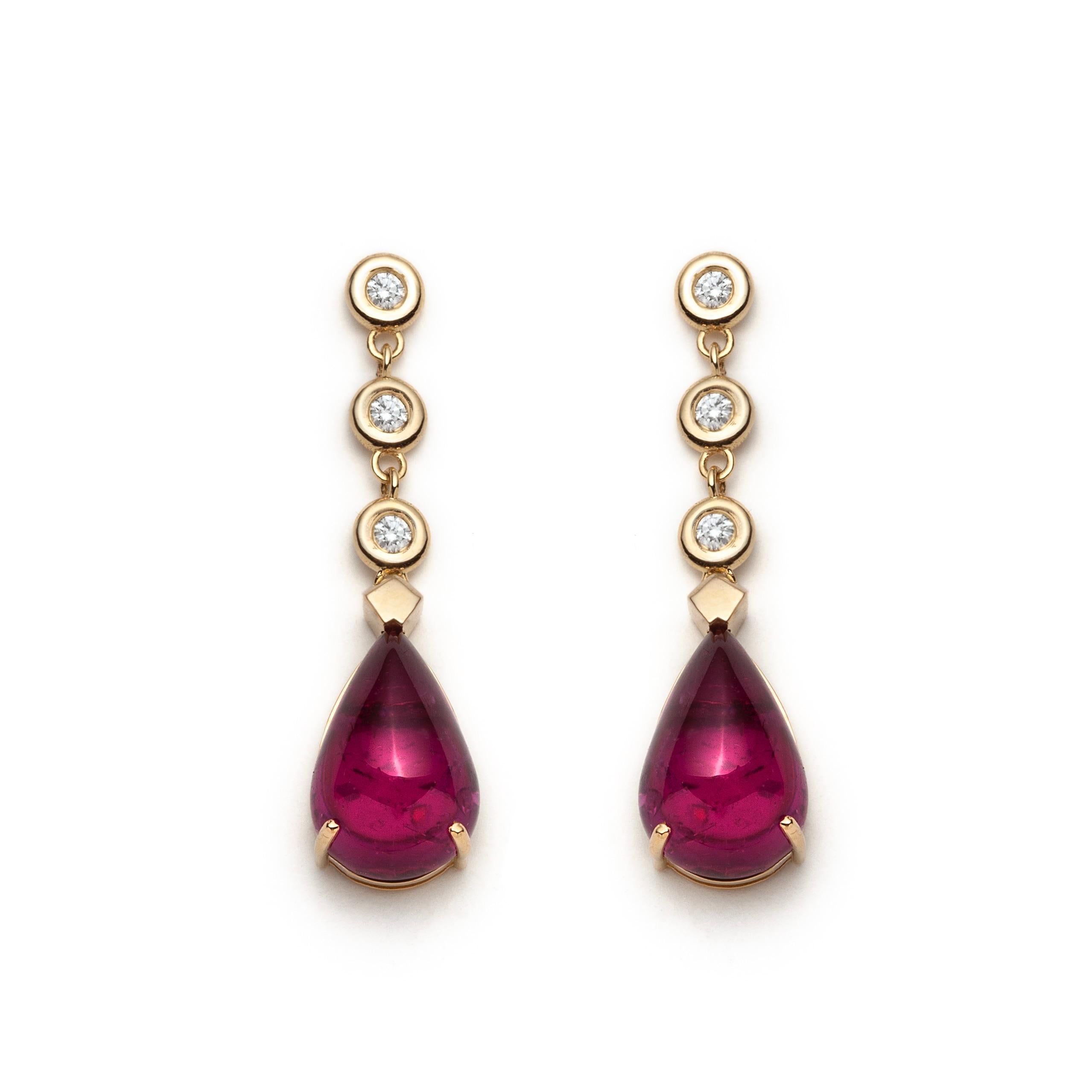 Freya Earrings In 18k Yellow Gold, Rubellite And Diamonds By Serafino

The Freya earrings feature teardrop rubellite (red tourmaline) cabochons set in 18k yellow gold enhanced by starry diamonds. They are held to the earlobe by a post and butterfly