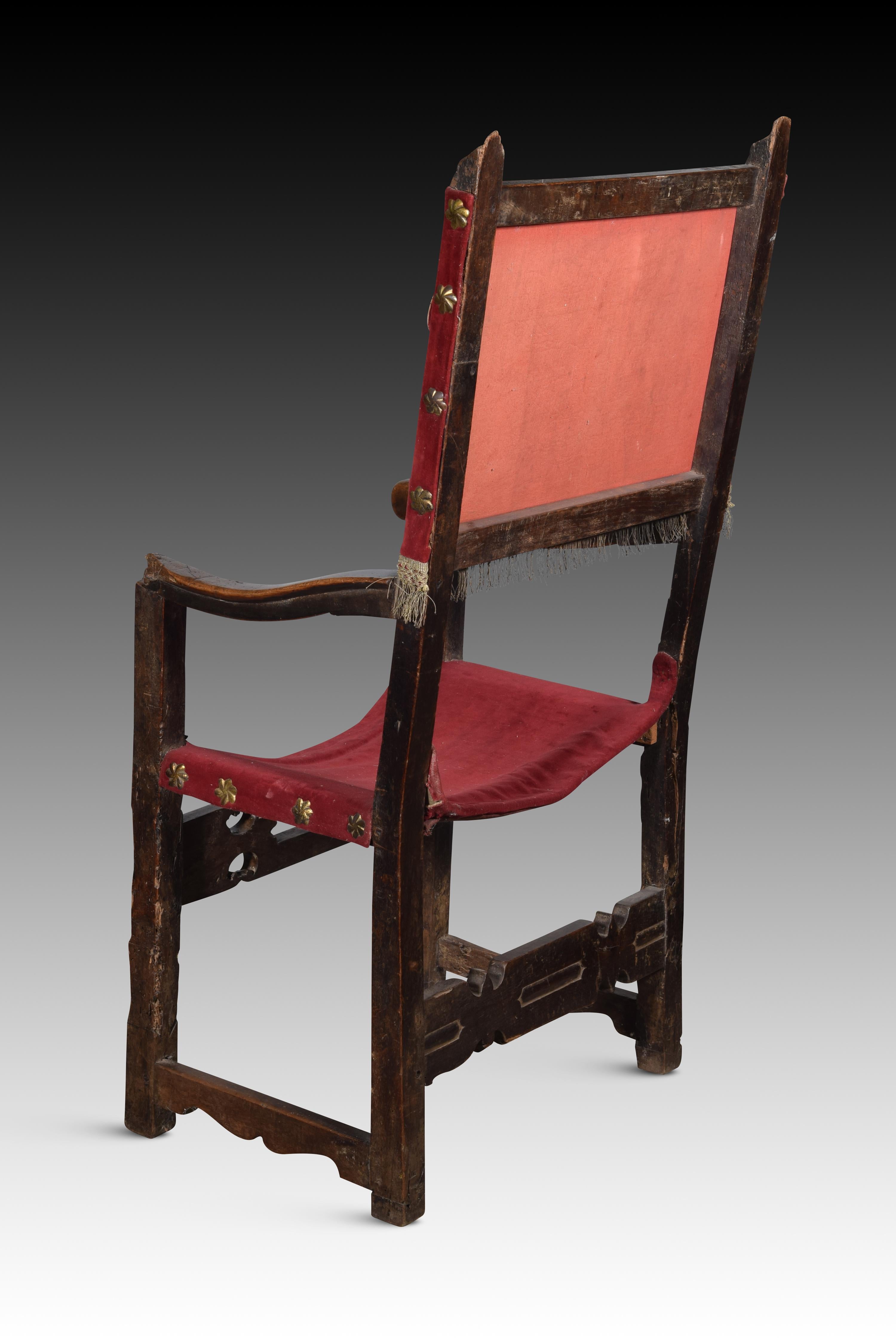 Renaissance Friar armchair (frailero). Walnut wood, textile. Spain, 16th century. For Sale