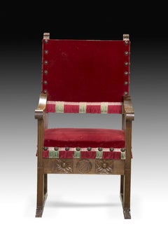 Friar's chair. Carved wood, textile. Spain, 20th century.