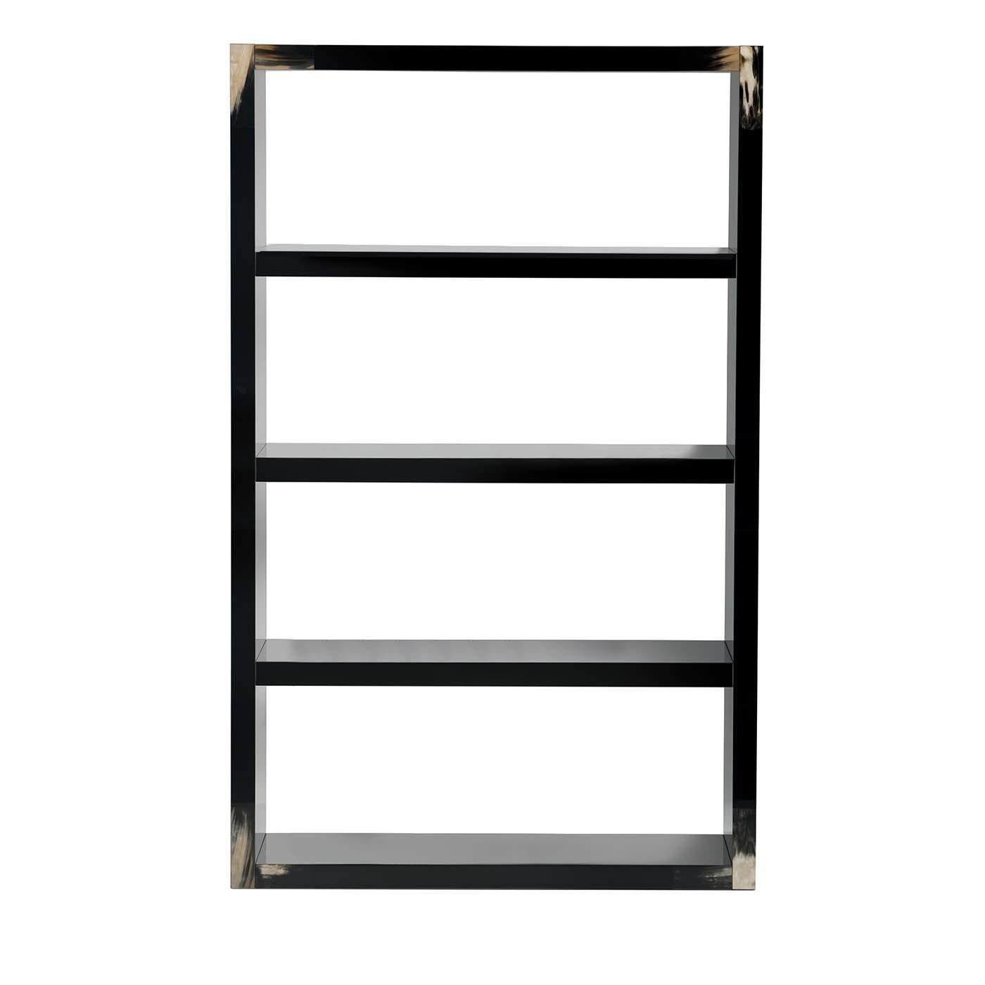 Designed to give a generous display area for books and collectibles, this bookcase is a superb decorative piece, boasting understated luxury and one-of-a-kind decorative patterns. The structure in wood with a lacquered black finish comprises a