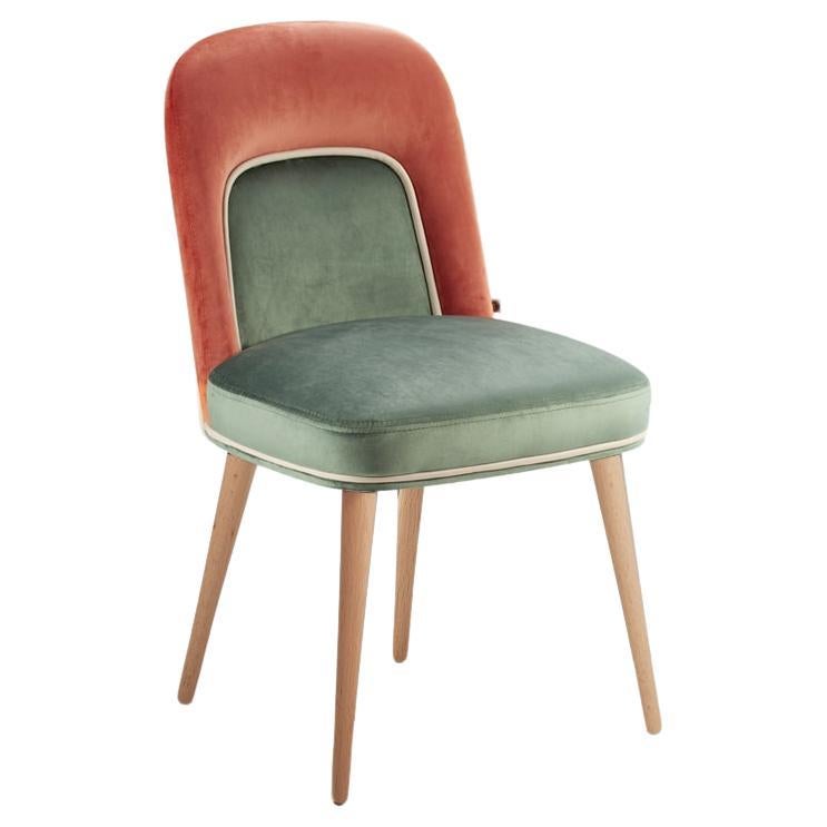 Frida Chair in Solid Wood, Barcelona Brick and Green Upholstery For Sale