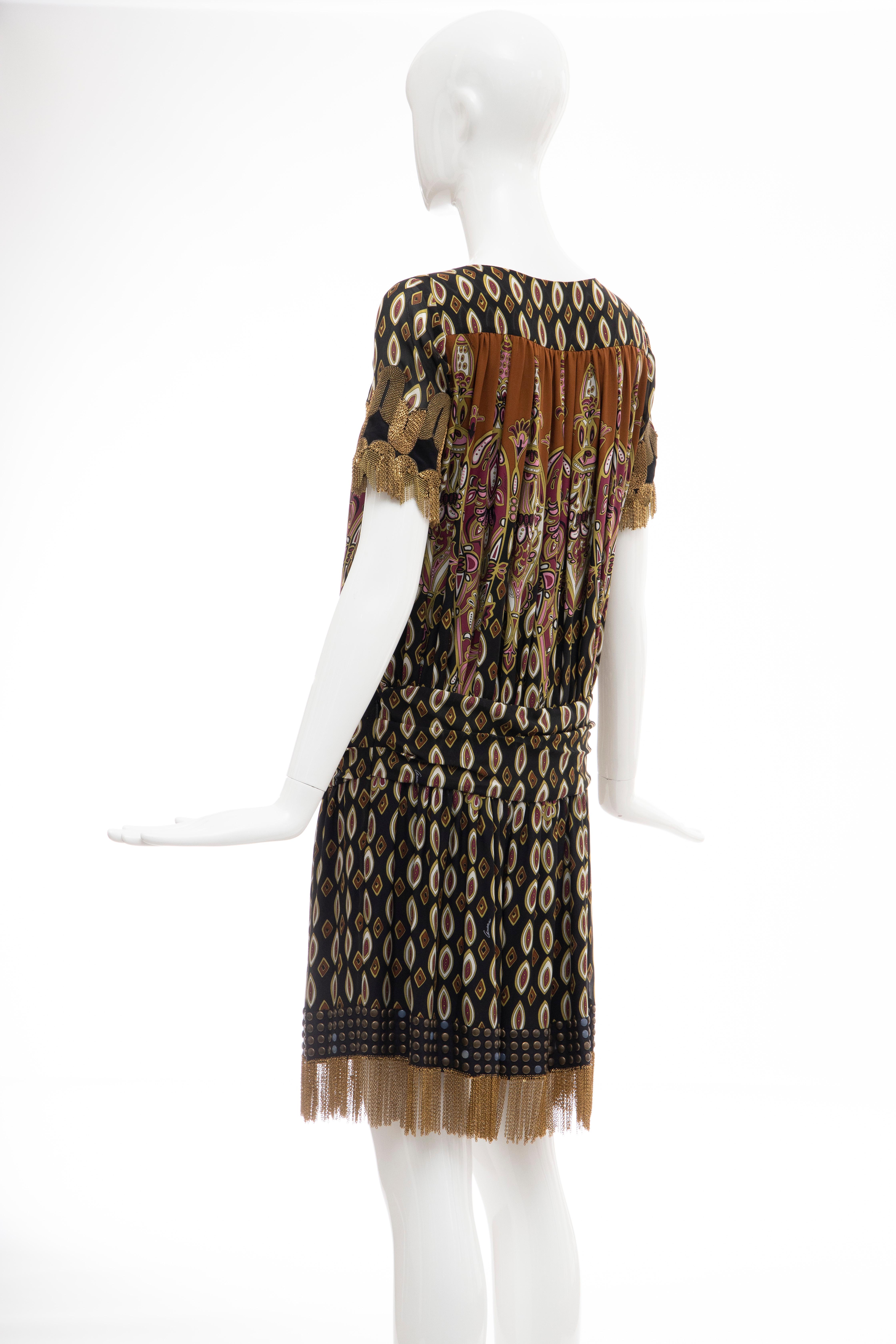 Frida Giannini for Gucci Runway Silk Boteh Pattern Brass Chains Dress, Fall 2008 For Sale 4