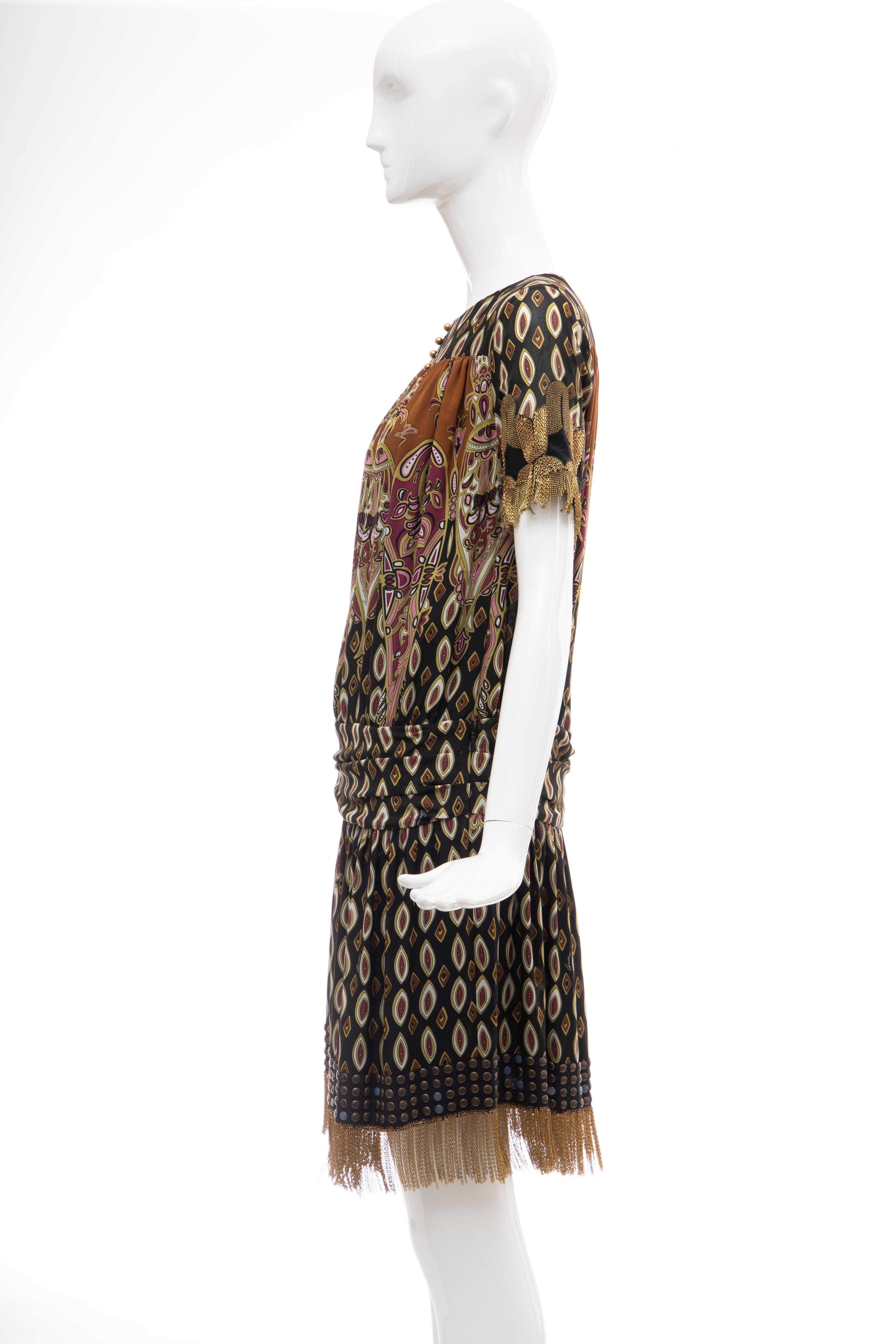 Frida Giannini for Gucci Runway Silk Boteh Pattern Brass Chains Dress, Fall 2008 For Sale 5