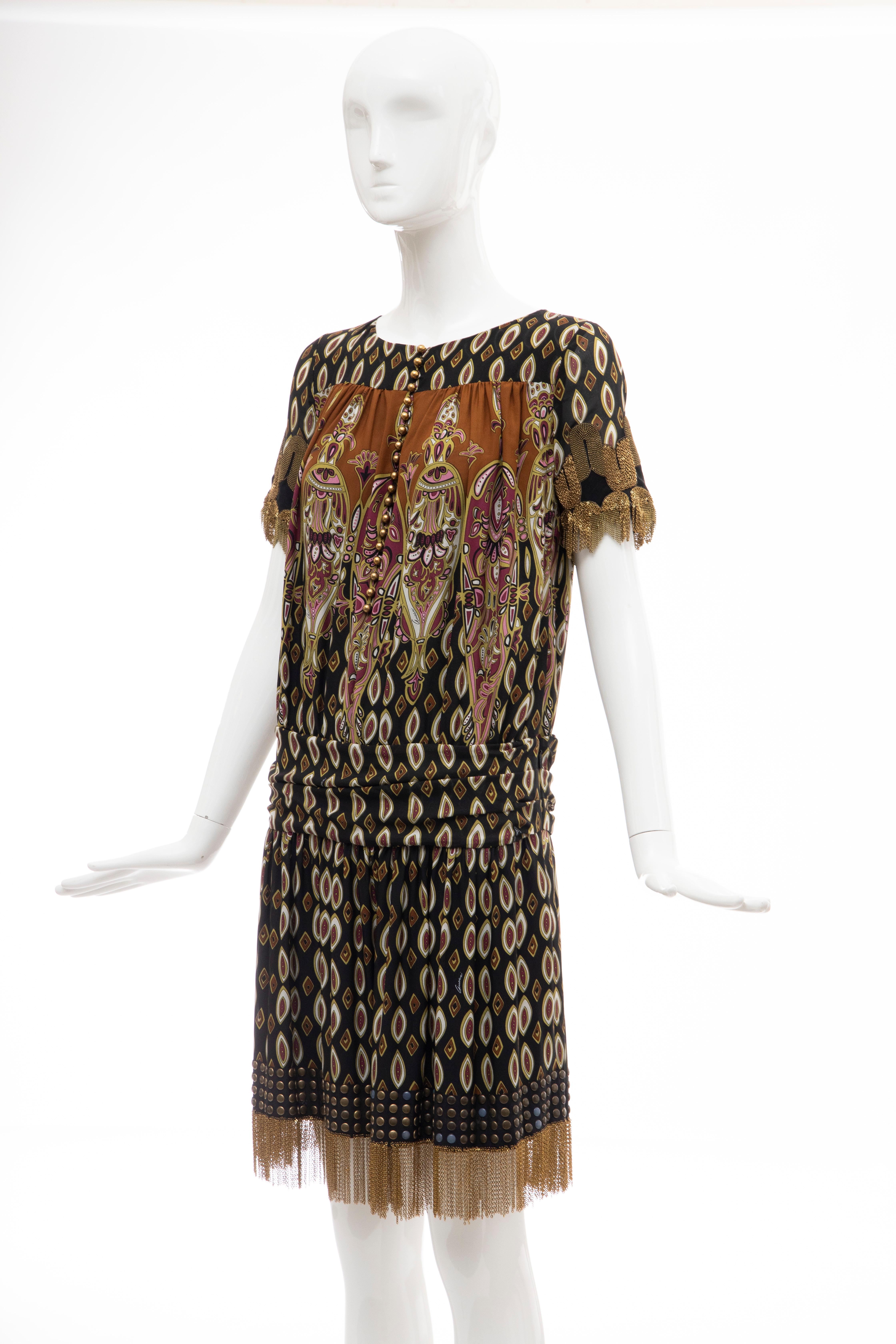 Frida Giannini for Gucci Runway Silk Boteh Pattern Brass Chains Dress, Fall 2008 For Sale 6