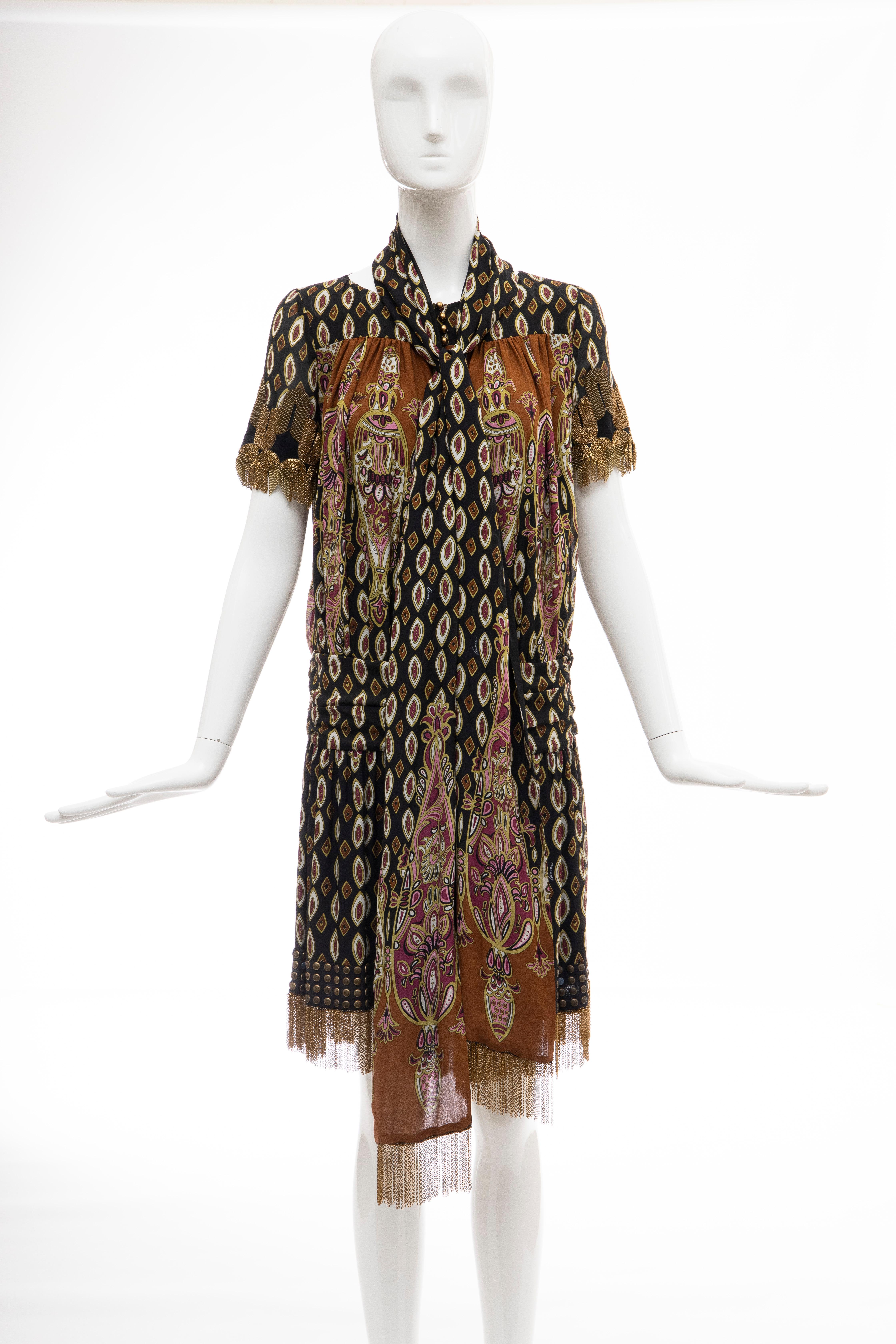 Frida Giannini for Gucci Runway Silk Boteh Pattern Brass Chains Dress, Fall 2008 For Sale 8