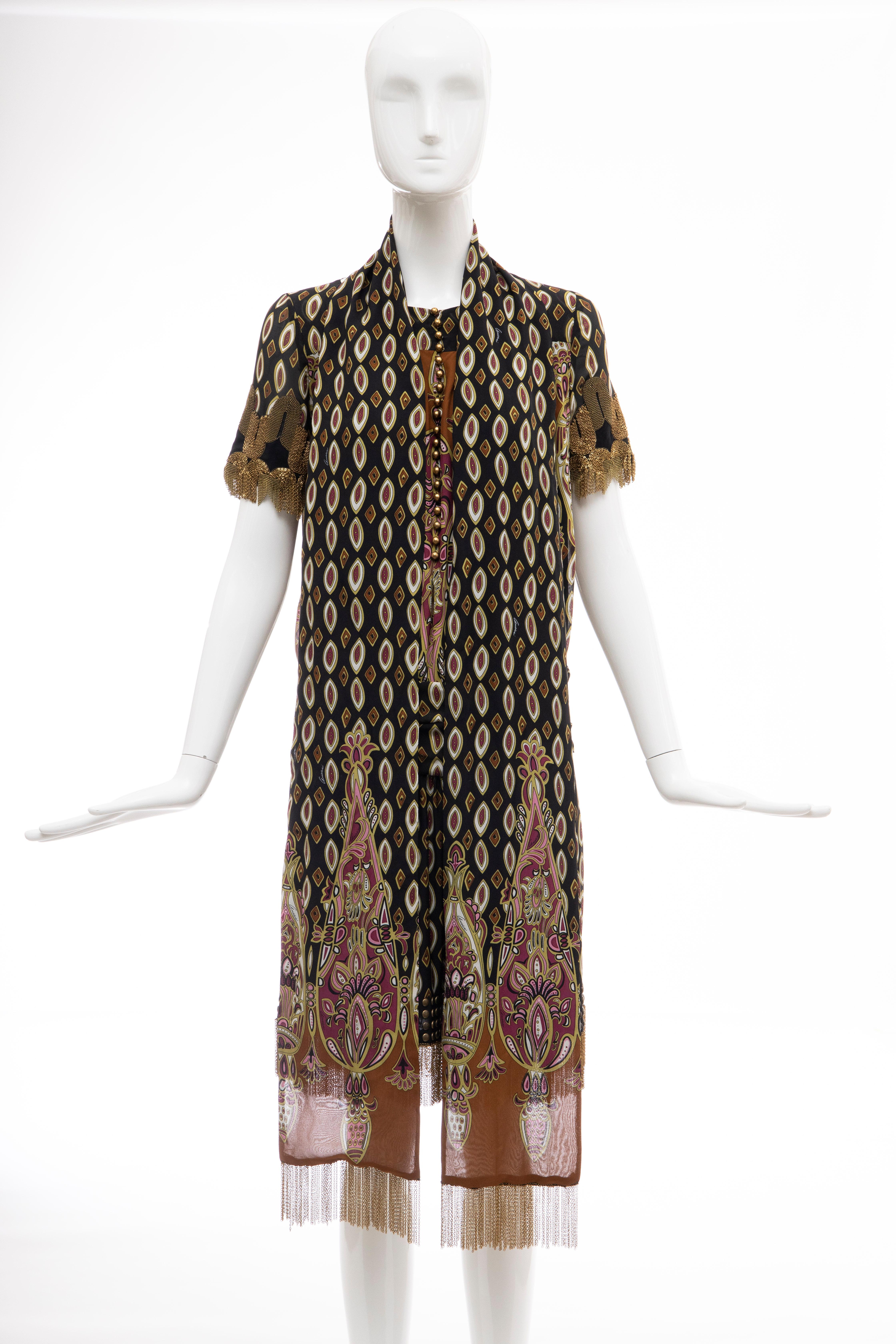 Frida Giannini for Gucci Runway Silk Boteh Pattern Brass Chains Dress, Fall 2008 For Sale 9