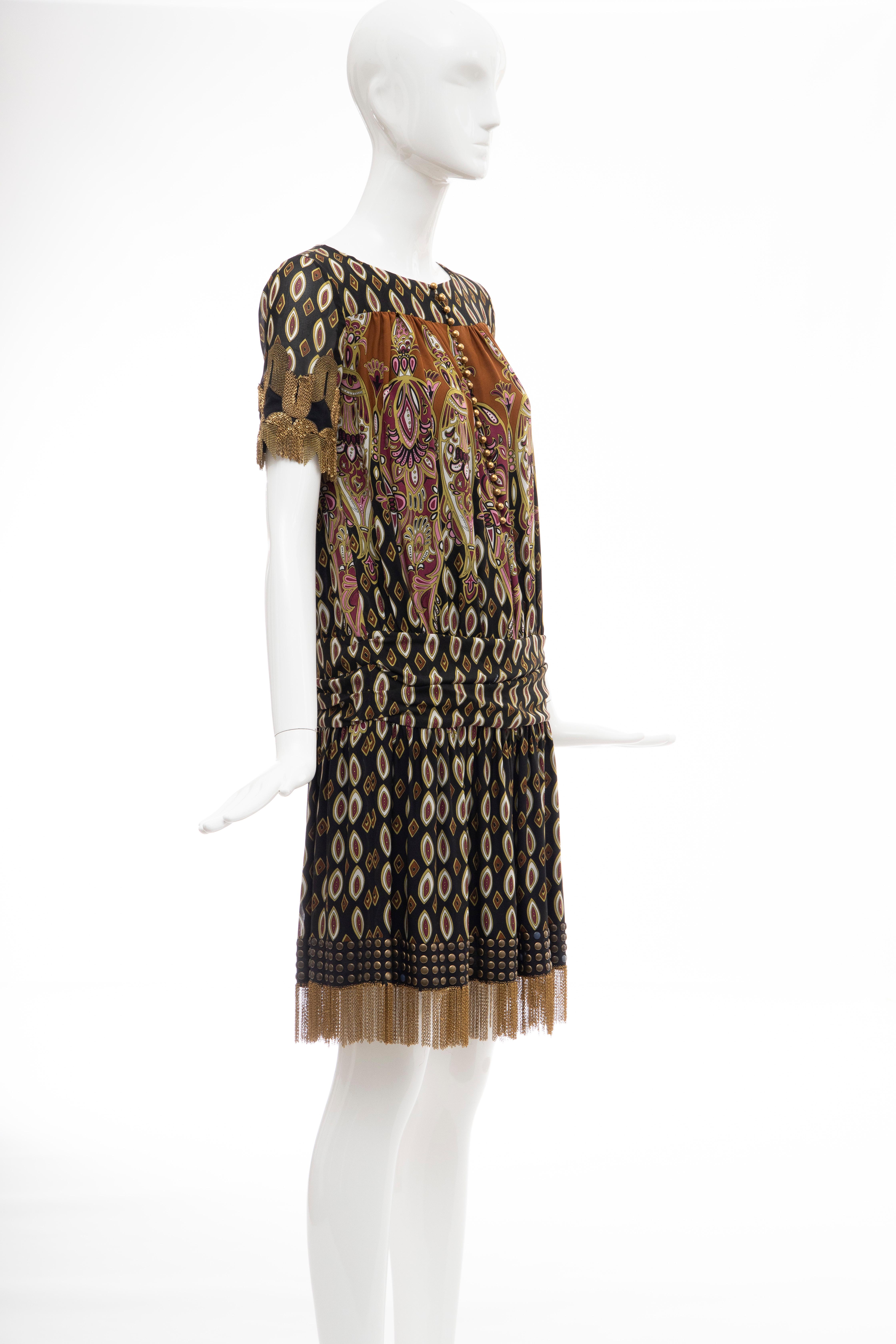 Frida Giannini for Gucci Runway Silk Boteh Pattern Brass Chains Dress, Fall 2008 In Excellent Condition For Sale In Cincinnati, OH
