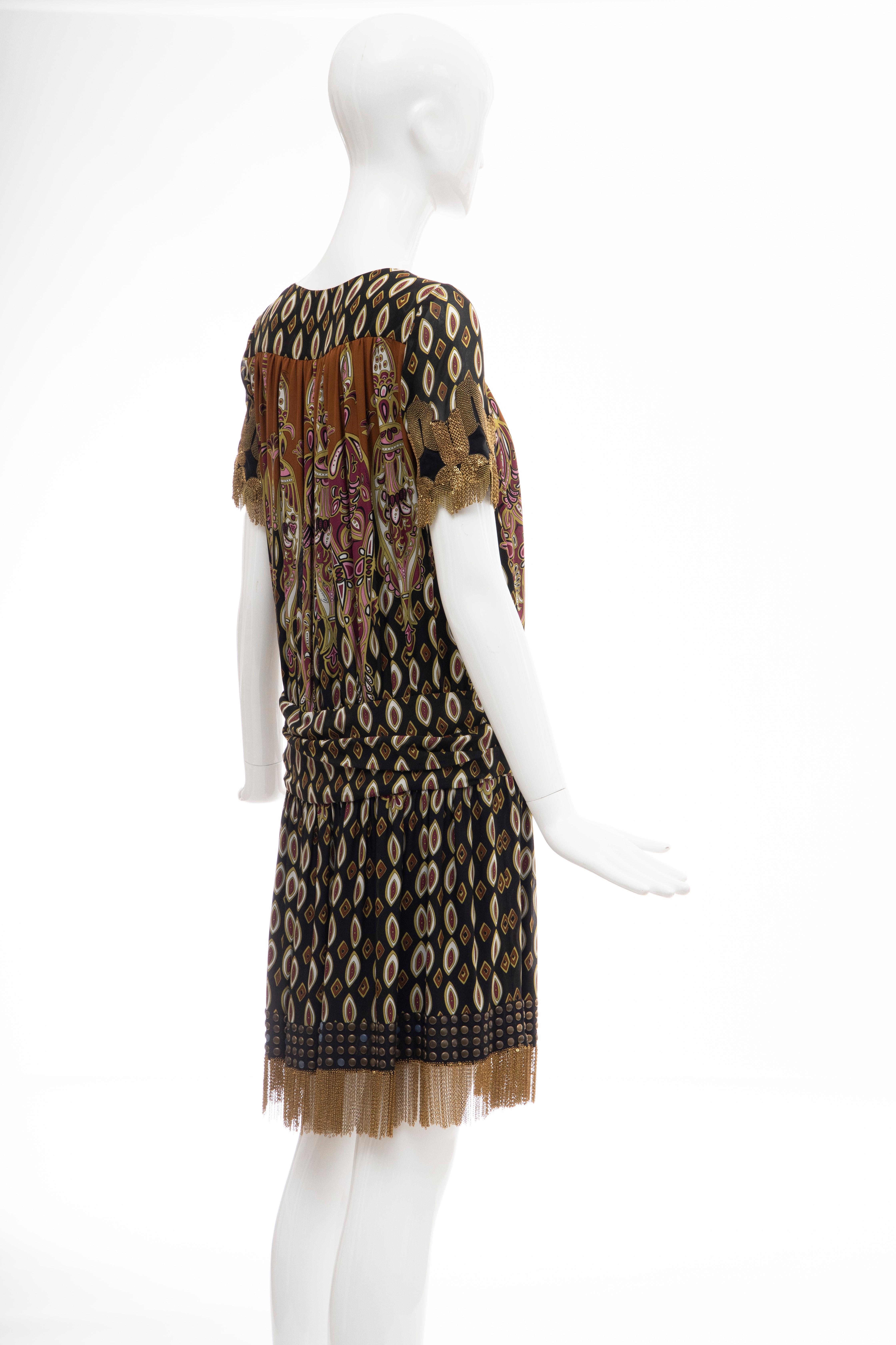 Frida Giannini for Gucci Runway Silk Boteh Pattern Brass Chains Dress, Fall 2008 For Sale 1