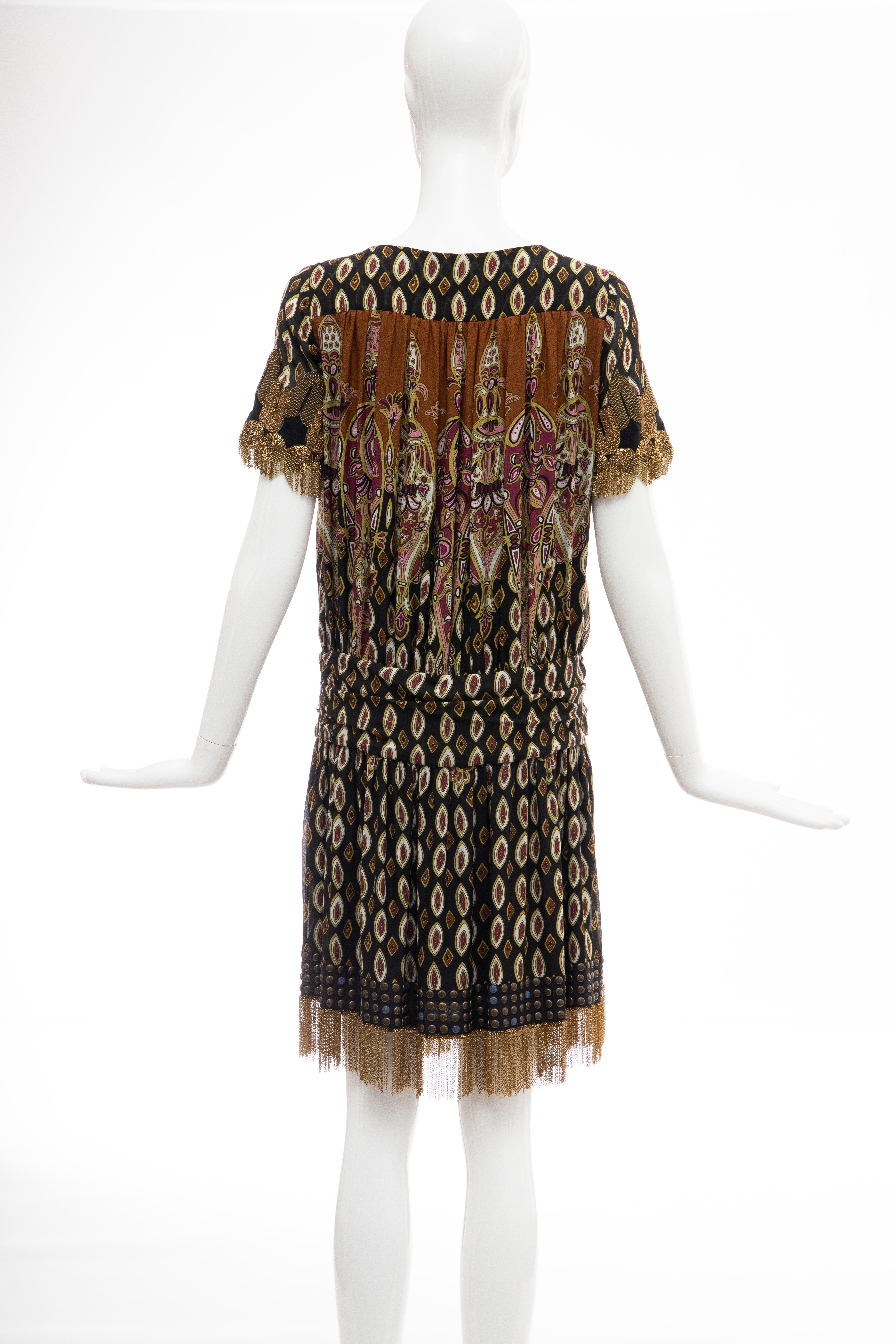 Frida Giannini for Gucci Runway Silk Boteh Pattern Brass Chains Dress, Fall 2008 For Sale 3