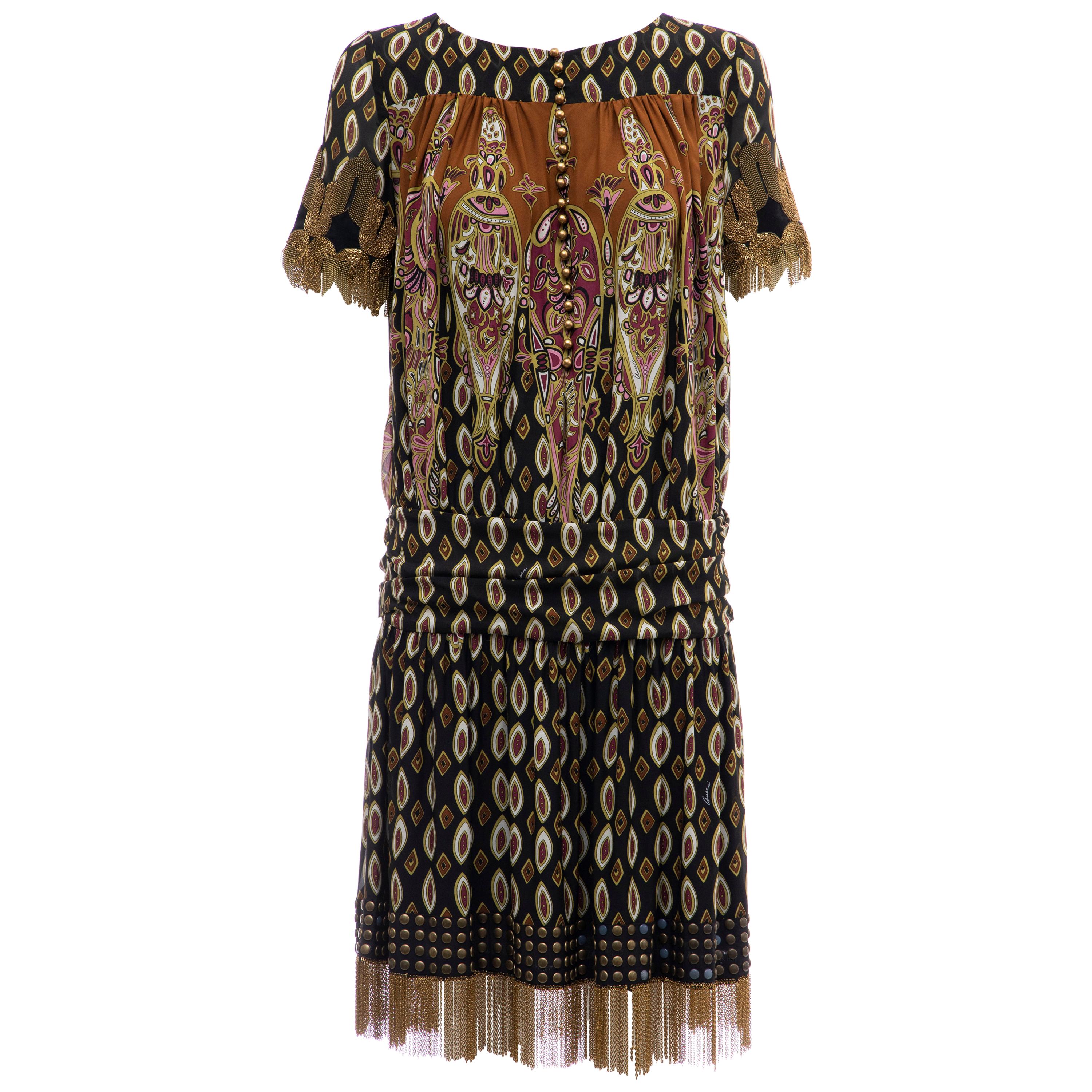 Frida Giannini for Gucci Runway Silk Boteh Pattern Brass Chains Dress, Fall 2008 For Sale