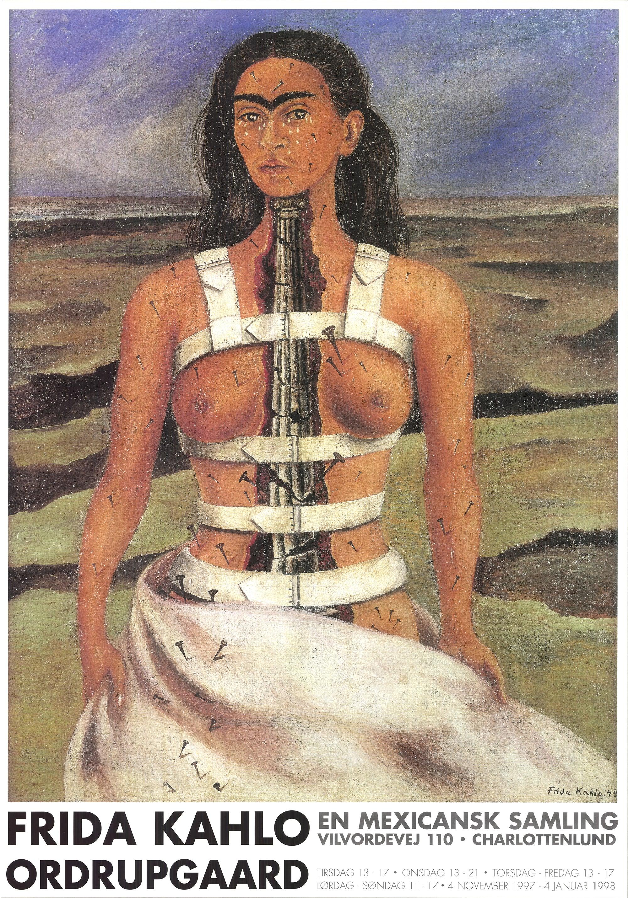 The self-portrait this is to is titled The Broken Column, which Frida Kahlo painted in 1944 following her horrific bus accident that left her with lifelong injuries. In this painting, Kahlo portrays herself wearing a medical girdle, standing tall