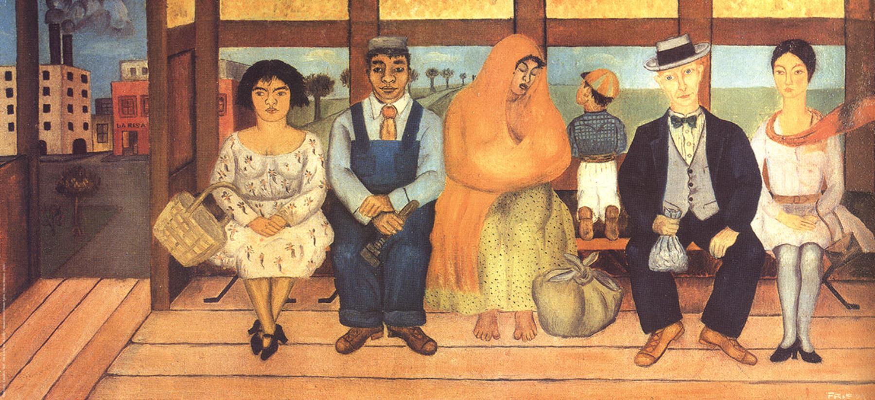 This is a reproduction of The Bus by Frida Kahlo, published by Museo Dolores Olmedo. The painting depicts a bus stop with people from various segments of Mexican society: a mother and child, an elderly person, a peasant in farm gear, a working