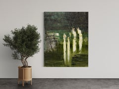 "4 Figuras" - Óleo abstracto grande con textura en negro, verde, blanco y pan de oro