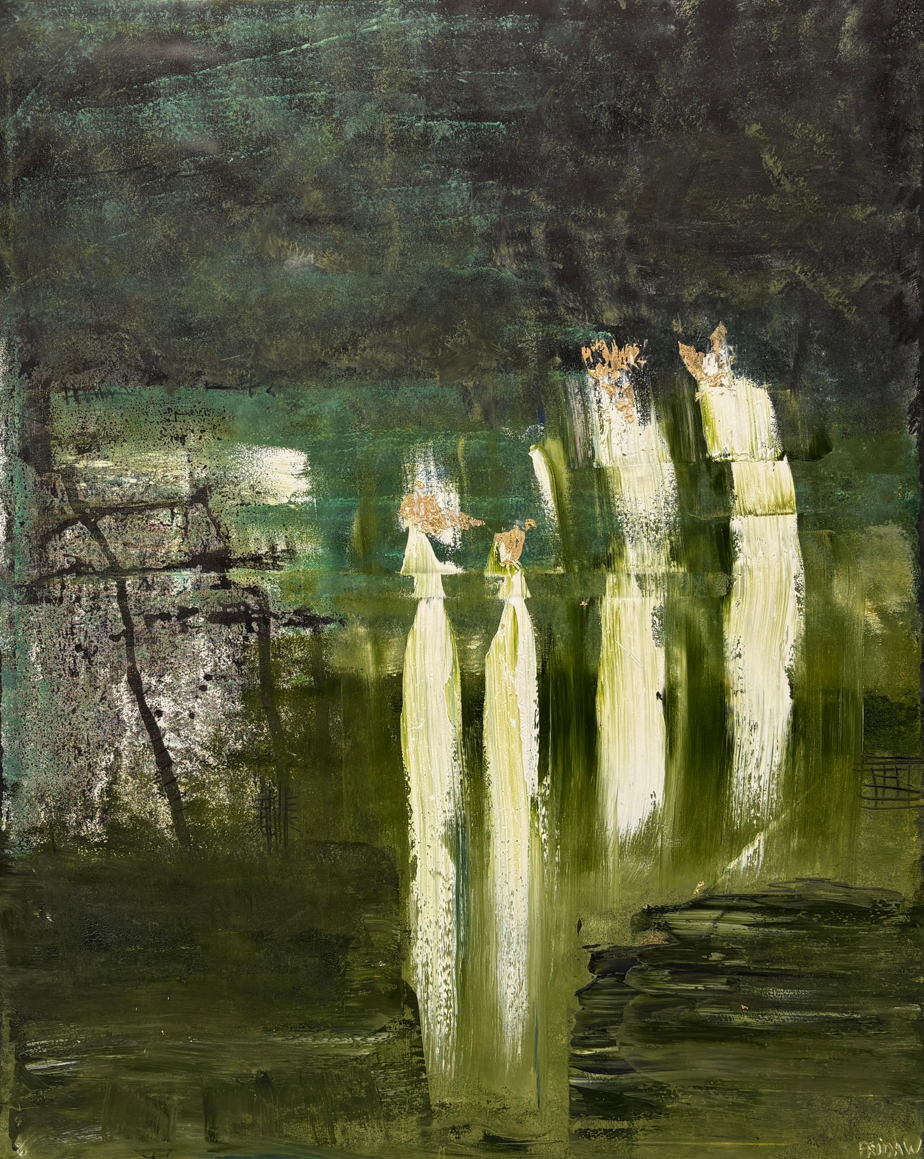 Frida Willis Abstract Painting - "4 Figures" - Large Textured Oil Abstract in Black, Green, White, 
Gold Leaf