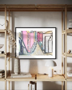 "Around the Corner" - Colorful Contemporary Cityscape Scene Oil Pastel on Paper