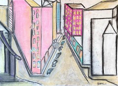 "Dietro l'angolo" di Frida Willis - Paesaggio urbano costruttivista a tinte pastello