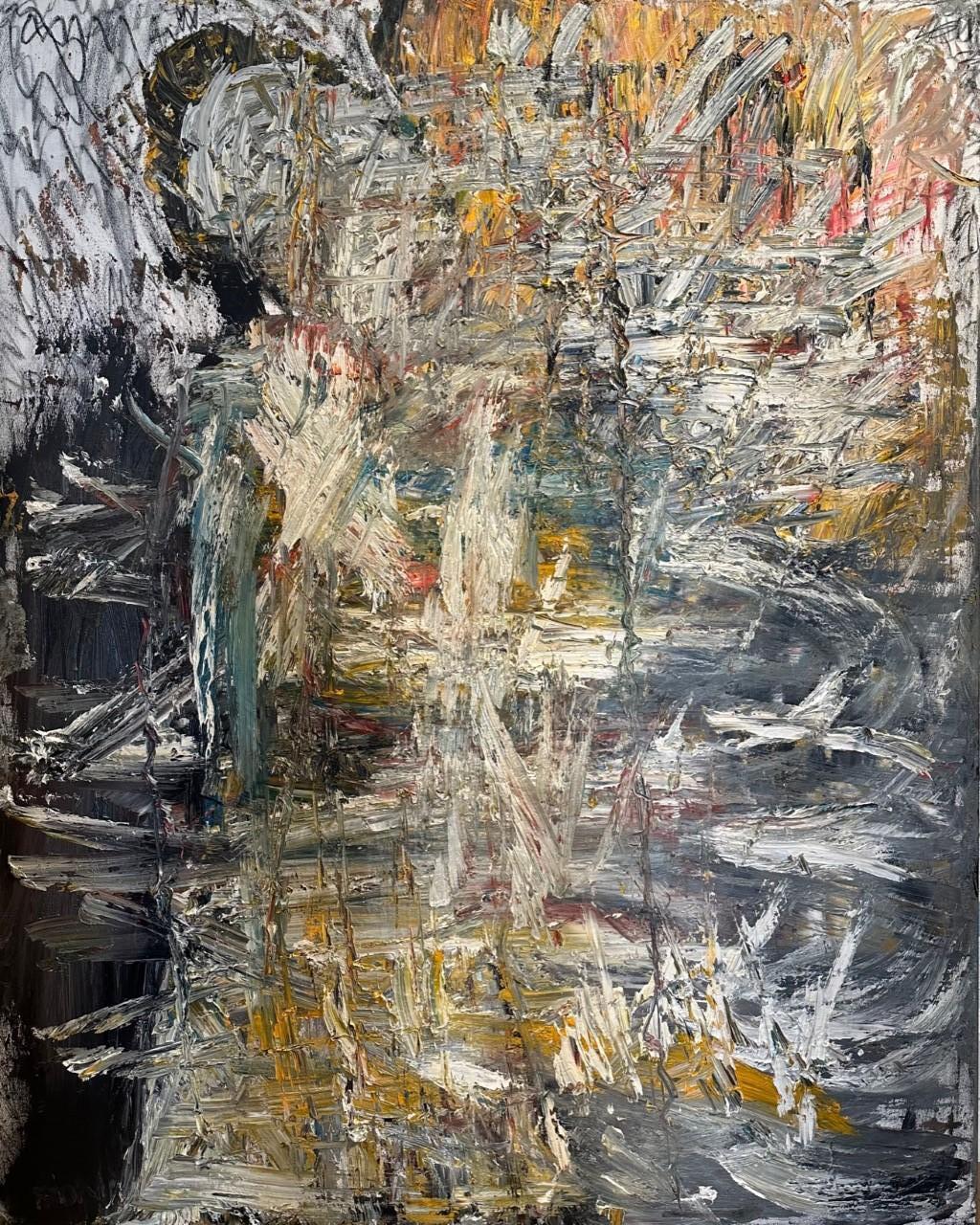 Frida Willis Abstract Painting - Contemporary  Large Abstract Oil On Canvas  In Gray White And Yellow 60” x 48”