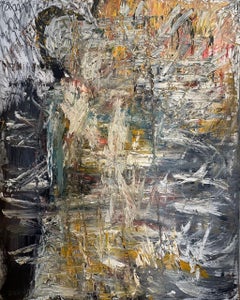 Contemporain  Grande huile sur toile abstraite  gris, blanc et jaune 60 x 48