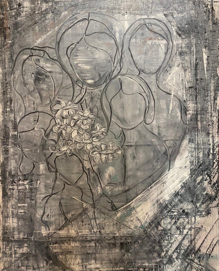 Frida Willis Figures And Flowers Abstract Contemporary Large Mixed Media Art By Frida For Sale