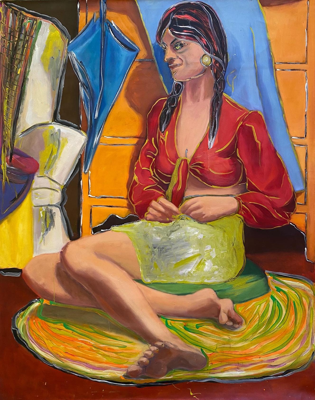 Frida Willis Figurative Painting - ‘ Seated young Women ‘Figurative Art, Colorful Oil On Canvas by Frida