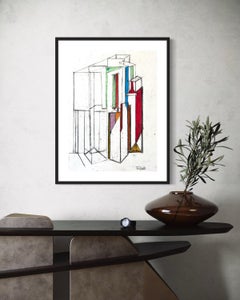 "Glass House" - Minimalist Contemporary Architecture Art Oil Pastel on Paper