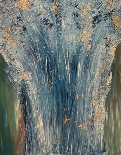 Ruée vers l'or  Grande huile sur toile contemporaine abstraite bleu/or/eau Frida W