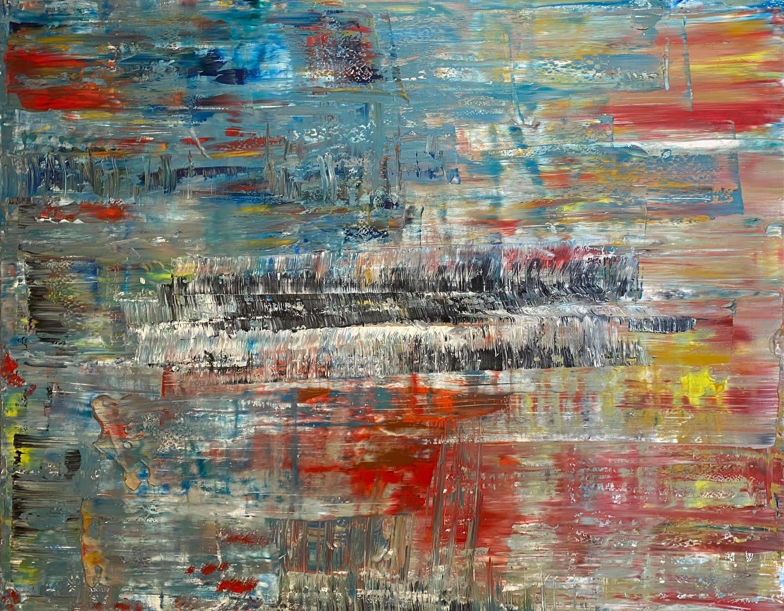 Frida Willis's "Harmony" is a 48" x 60" oil on canvas that captures the essence of abstract expressionism through its dynamic composition and emotive color scheme. Streaks of cool grays and blues merge with warm reds and yellows, creating a visual