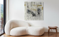 "Light" - Mixed Media Textured Impasto White, Gold, and Black Abstract Artwork