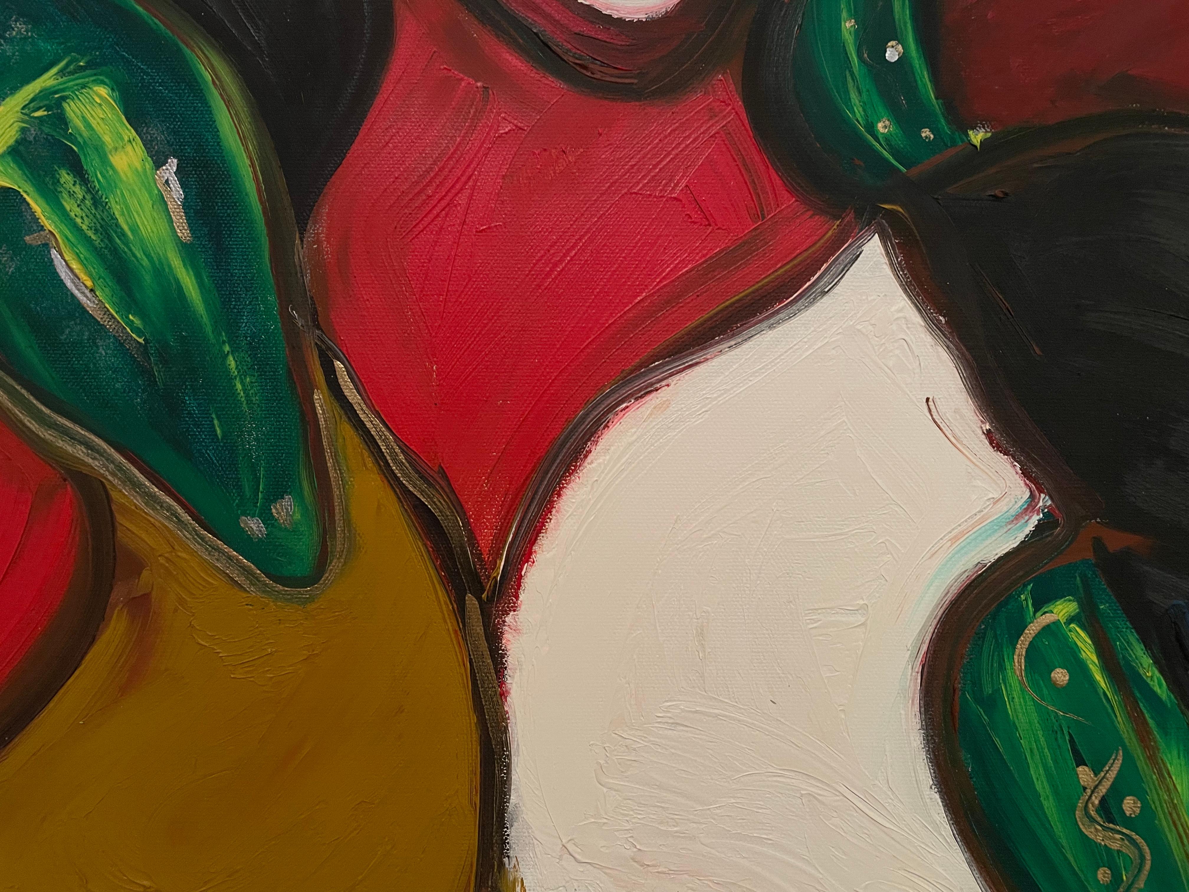 In 'Madame,' sister piece of 'The Queen,' Frida Willis ventures again into the realm of contemporary figurative abstraction with breathtaking results. This striking masterpiece is a captivating exploration of the symbiotic relationship between