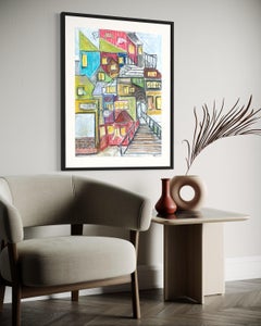 "Maisonettes" - Leuchtend bunte Stadtwohnungen Zeitgenössisches Stadtbild auf Papier