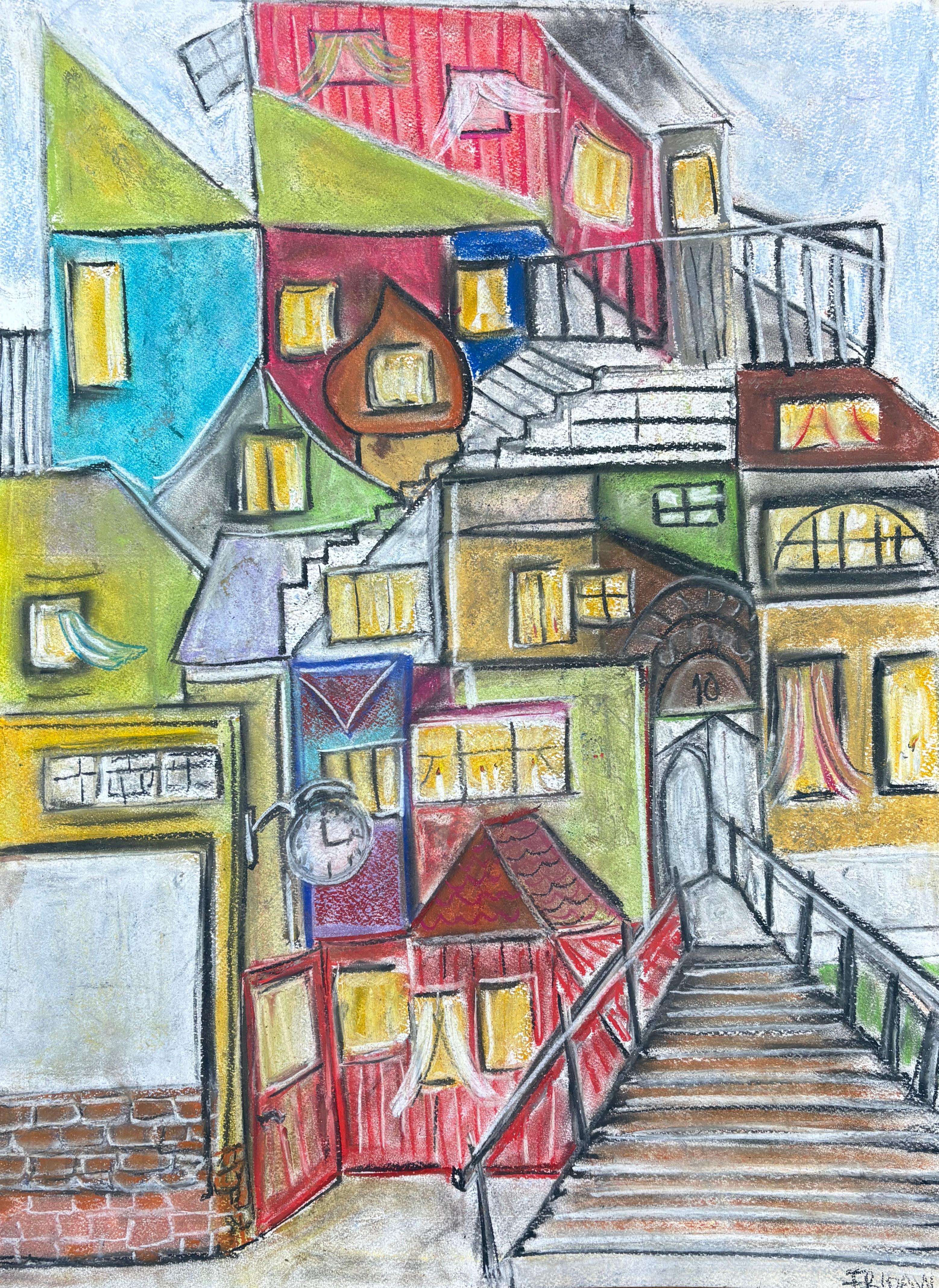 Frida Willis (suédoise, née en 1971)
"Maisonettes" 2024
Pastel à l'huile, papier
L'artiste a signé en bas à droite de l'œuvre.

Les "Maisonettes" de Frida Willis rayonnent de charme et de fantaisie par leurs couleurs vibrantes et leur composition