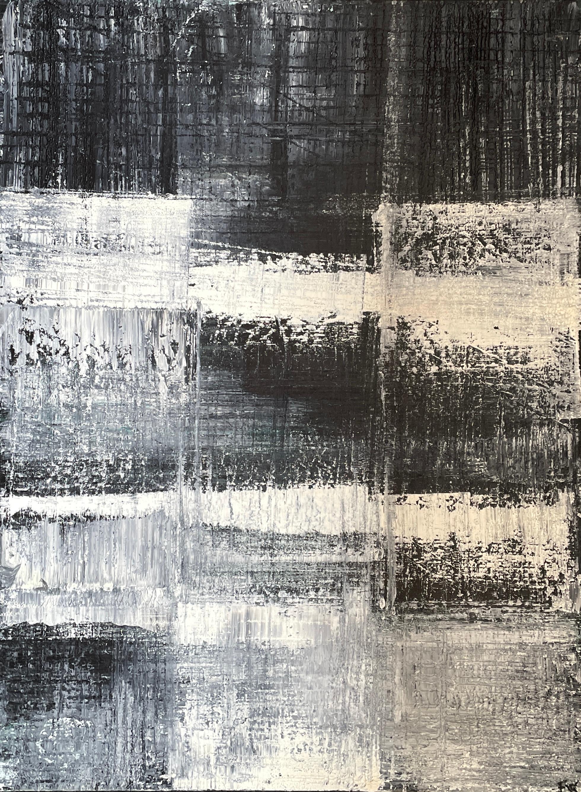 "Marshmallow Rising" by Frida Willis is an evocative piece of contemporary abstraction. Dominated by stark contrasts of monochrome shades, the 48" x 36" canvas is a visual symphony of textures and layers. Willis utilizes the subtlety of grays, the